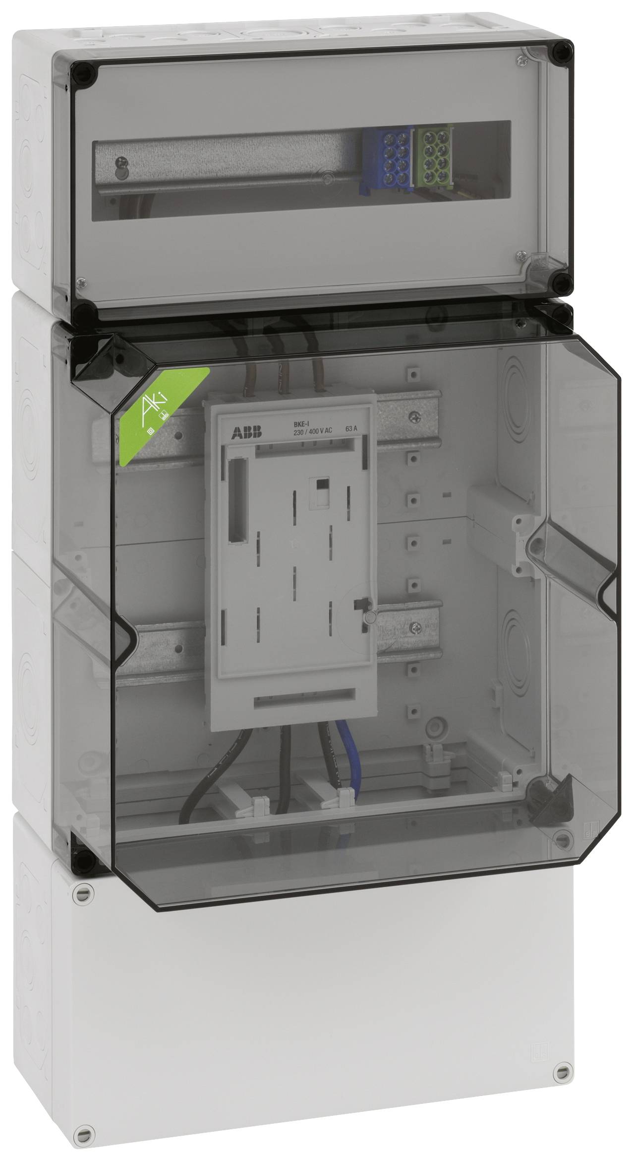 Elektrischer Schaltschrank mit transparentem Deckel und mehreren Anschlüssen. Oben sind farbcodierte Kabel, unten eine ABB-Steuereinheit sichtbar.