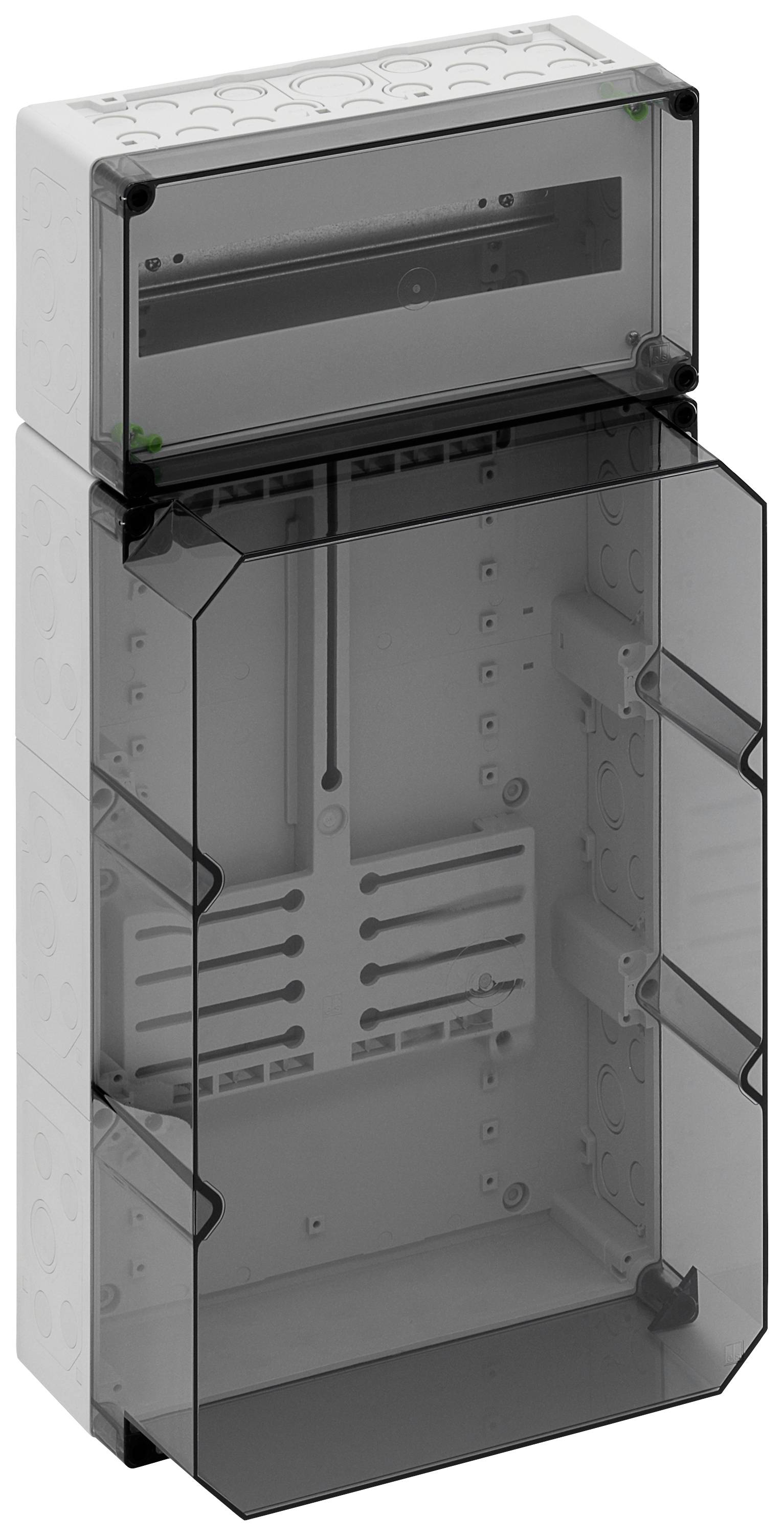 Gehäuse mit transparentem Deckel, zeigt Innenstruktur und Schlitze für Kabel. Geeignet für die Montage elektrischer Komponenten.