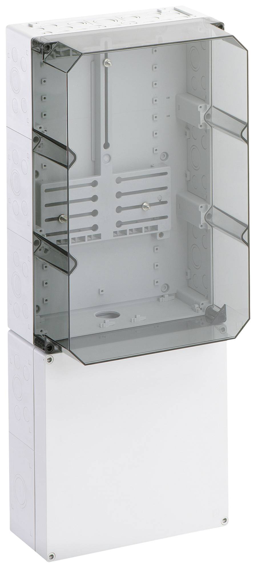 Ein leerer, vertikaler Elektrokasten mit transparentem Deckel, geeignet zur Montage von elektrischen Komponenten.