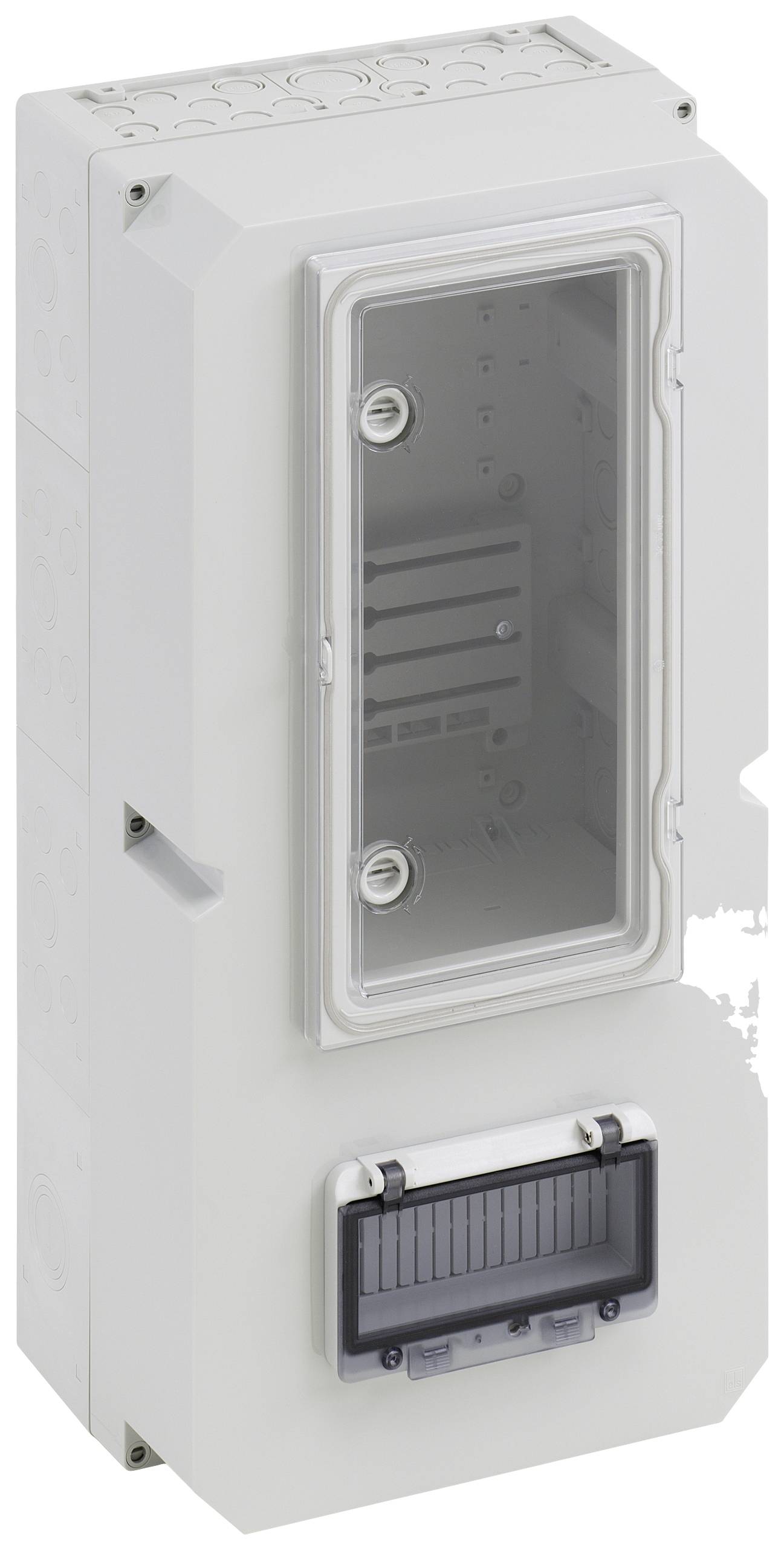 Ein graues, rechteckiges Gehäuse, das möglicherweise ein elektrisches Gerät oder eine Schutzvorrichtung ist, mit durchsichtigem Fenster.