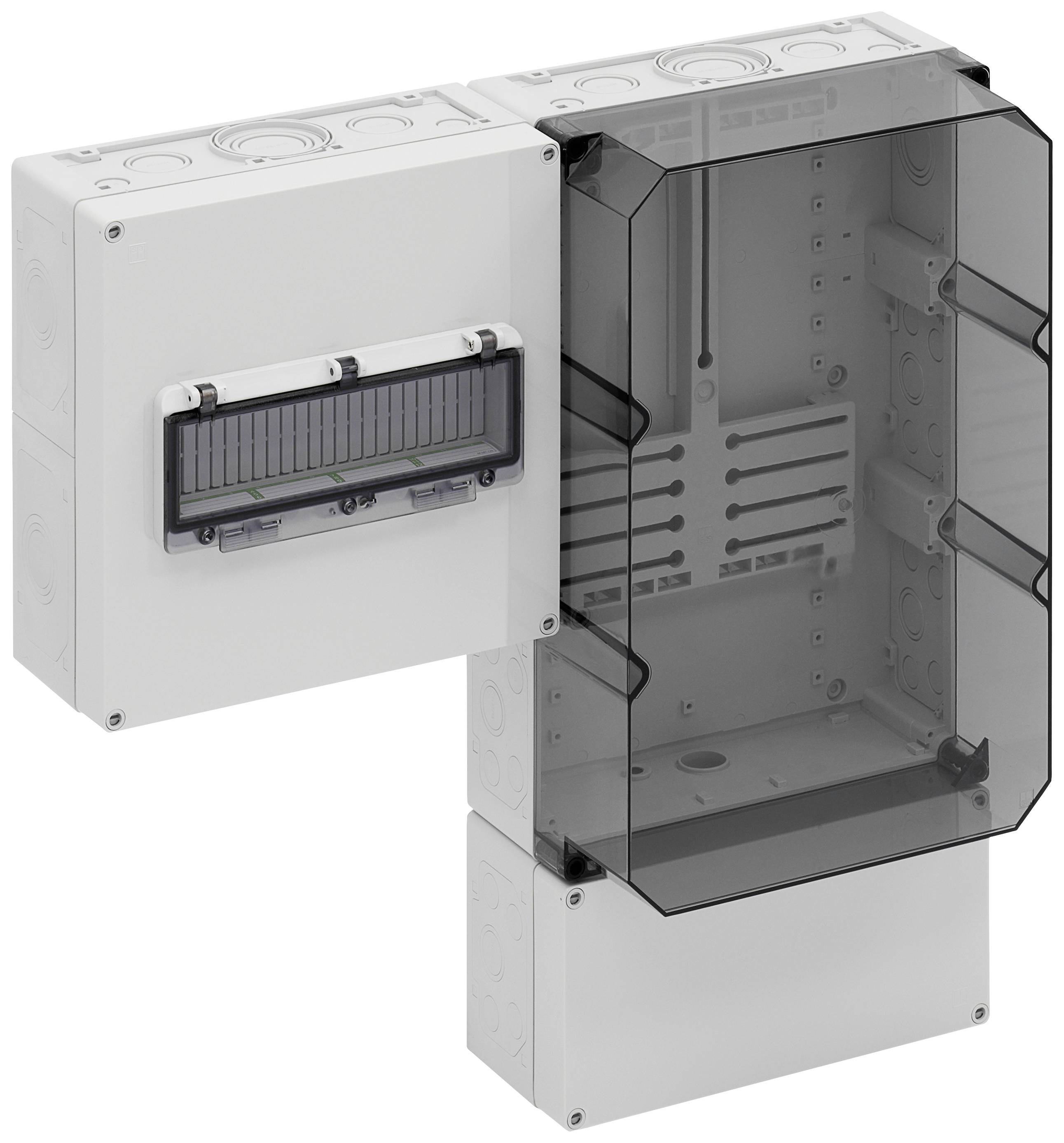 Elektrischer Schaltschrank mit geöffnetem transparenten Abdeckungsbereich. Zeigt Platz für elektrische Komponenten und Kabelmanagement.