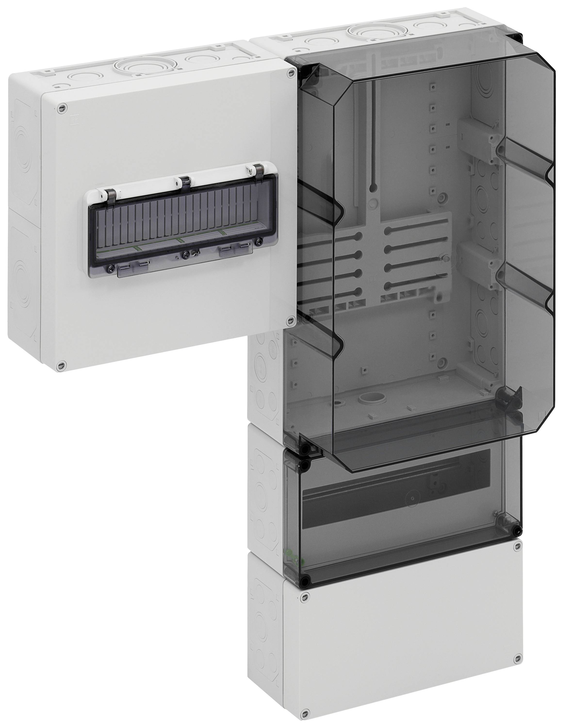 Ein graues, wandmontiertes Elektrokasten-Set mit zwei transparenten Türen, die innenliegende Schalttafeln sichtbar machen.