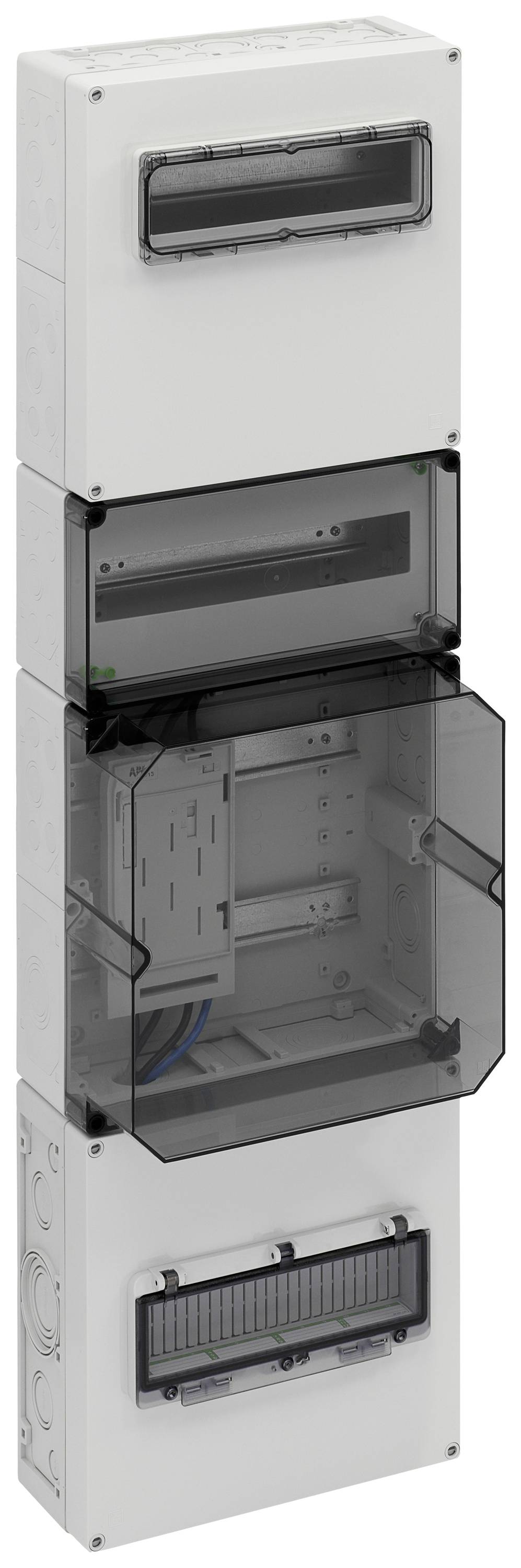 Auf dem Bild ist ein weißes, vertikal ausgerichtetes Elektroschaltschrankgehäuse mit mehreren Fächern und durchsichtigem Abdeckungen zu sehen.