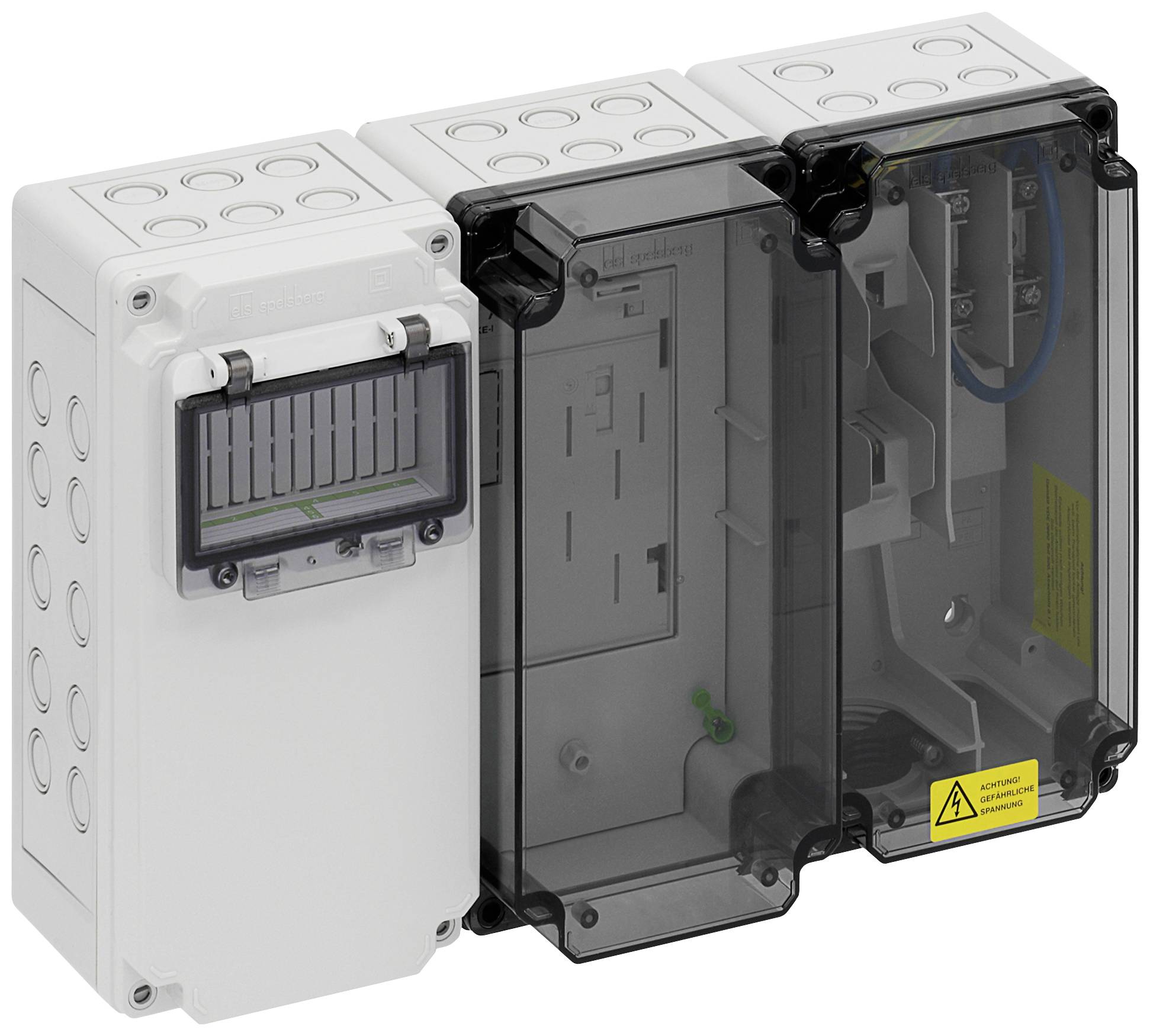 Ein weißes elektrisches Gehäuse mit Durchgangsklemmen und einer transparenten Abdeckung, die Innenelemente sichtbar macht; Warnsymbol 'Achtung'.