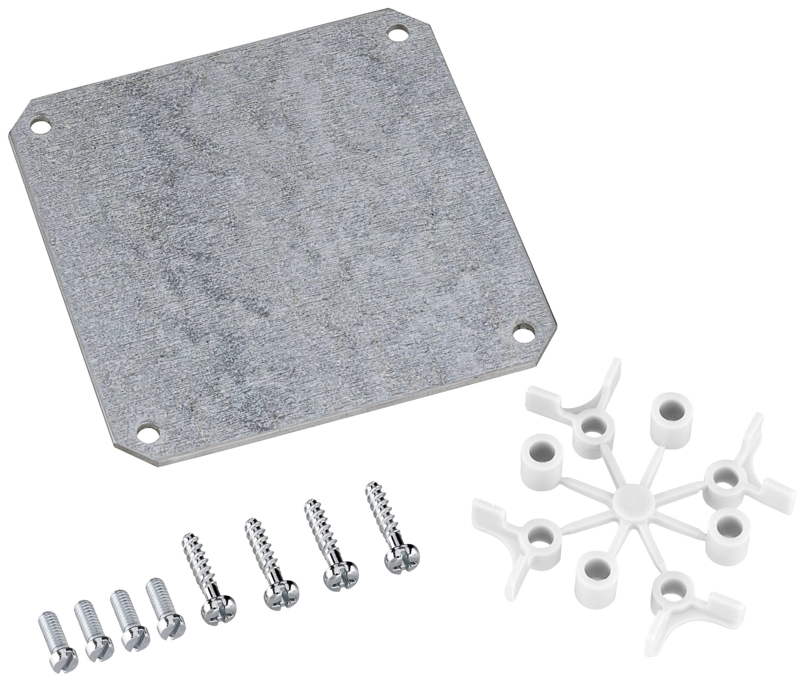 Metallplatte mit vier Ecken, sechs Schrauben und einem weißen, sternförmigen Kunststoffteil auf weißem Hintergrund.