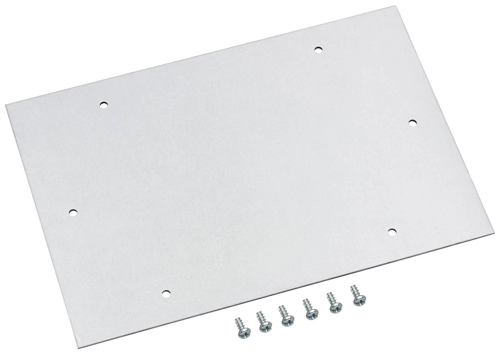 Metallplatte mit sechs Bohrlöchern, flaches Design. Sieben Schrauben sind in einer Reihe darunter angeordnet.