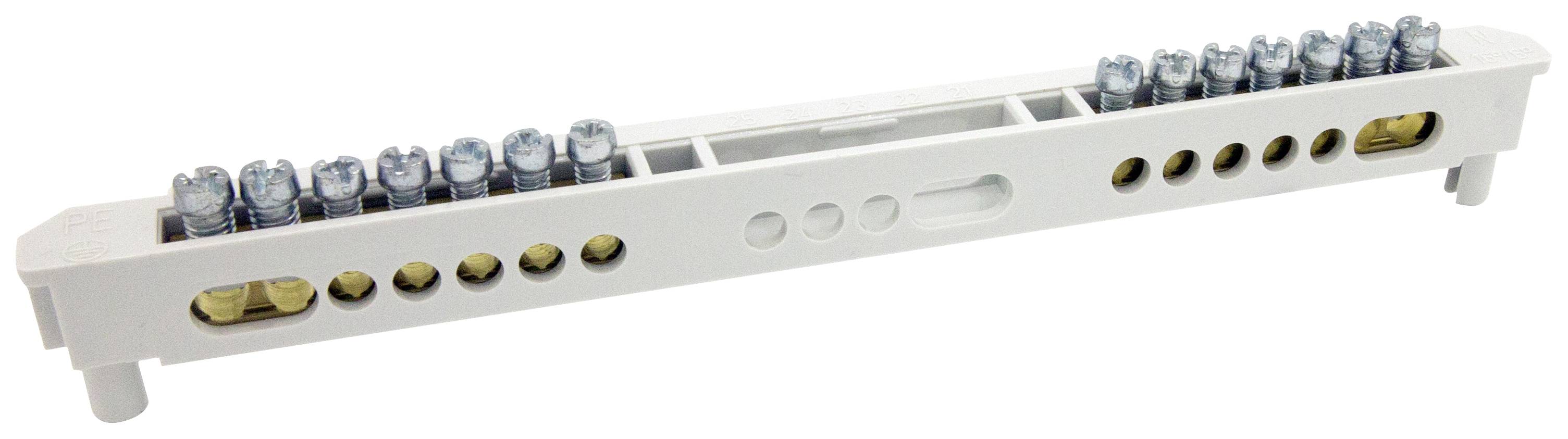 Ein weißer elektrischer Anschlussblock mit mehreren Schraubanschlüssen und Steckverbindungen.