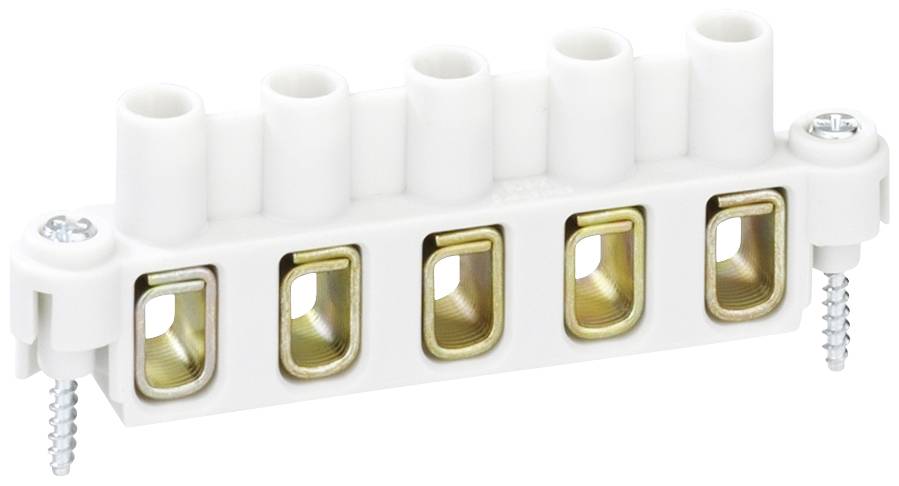 Elektrische Lüsterklemme mit fünf Steckplätzen und seitlichen Schrauben zur Befestigung, hauptsächlich in Weiß.