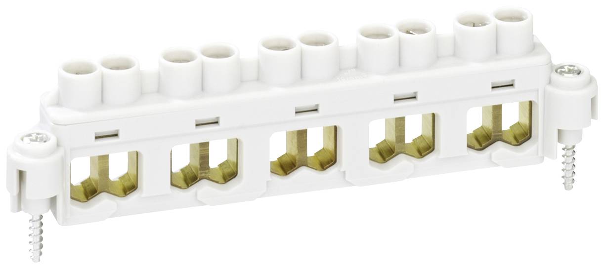 Weiße elektrische Lüsterklemme mit mehreren Anschlussklemmen und Schrauben zur Befestigung. Geeignet für Verbindungsarbeiten.