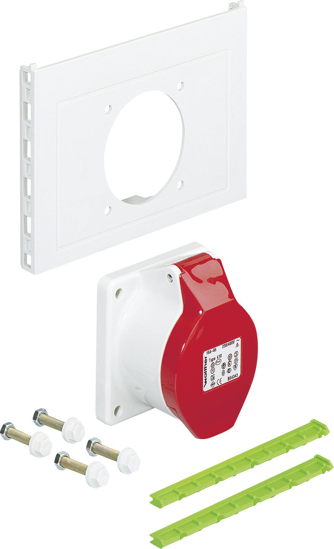 Industriesteckdose mit roter Abdeckung, weißer Platte und Montagematerial in Einzelteilen, geeignet für Wandinstallation.