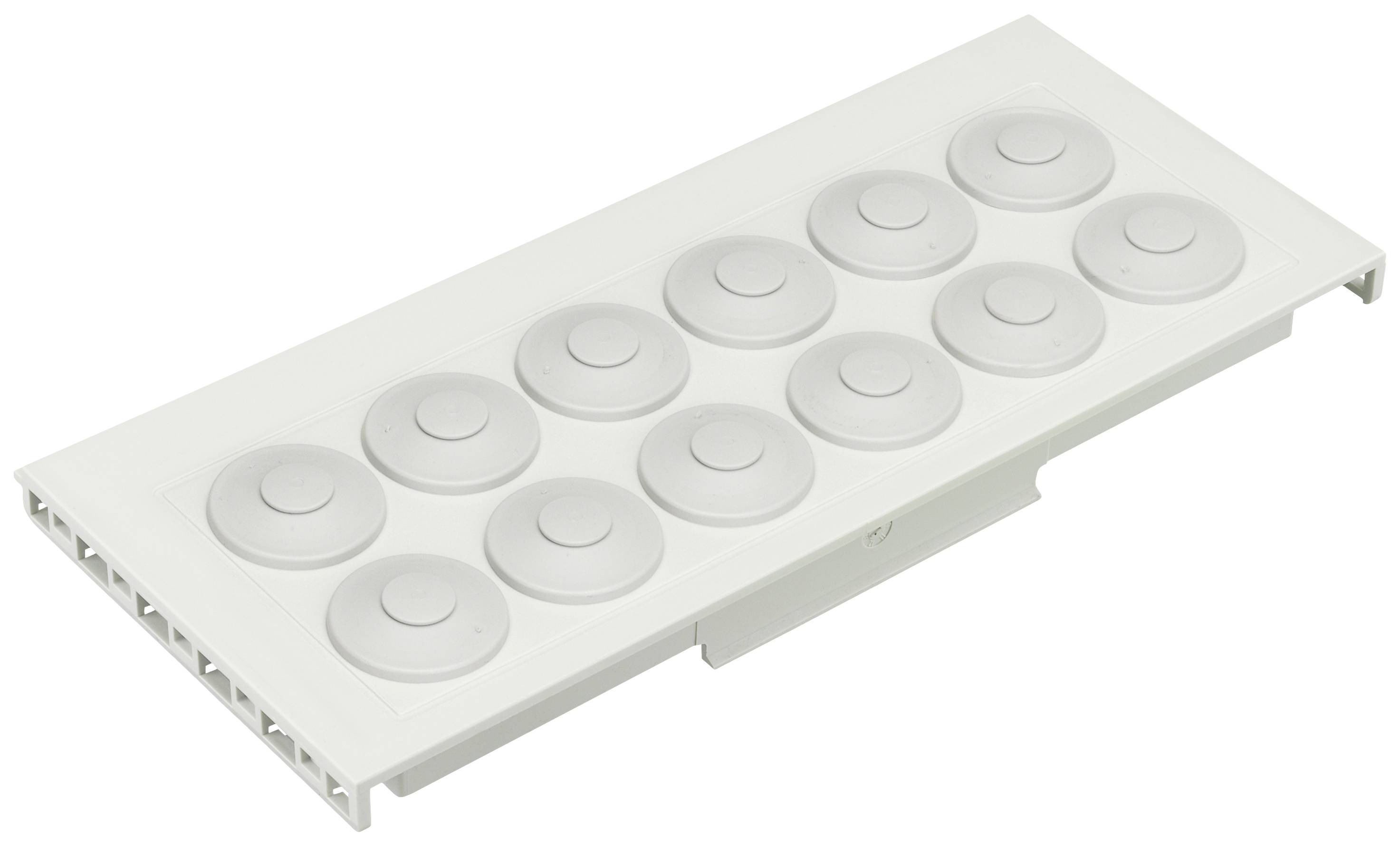 Weiße Kunststoffplatte mit zwölf runden Tasten, möglicherweise ein Bedienfeld oder eine Tastaturmatte.