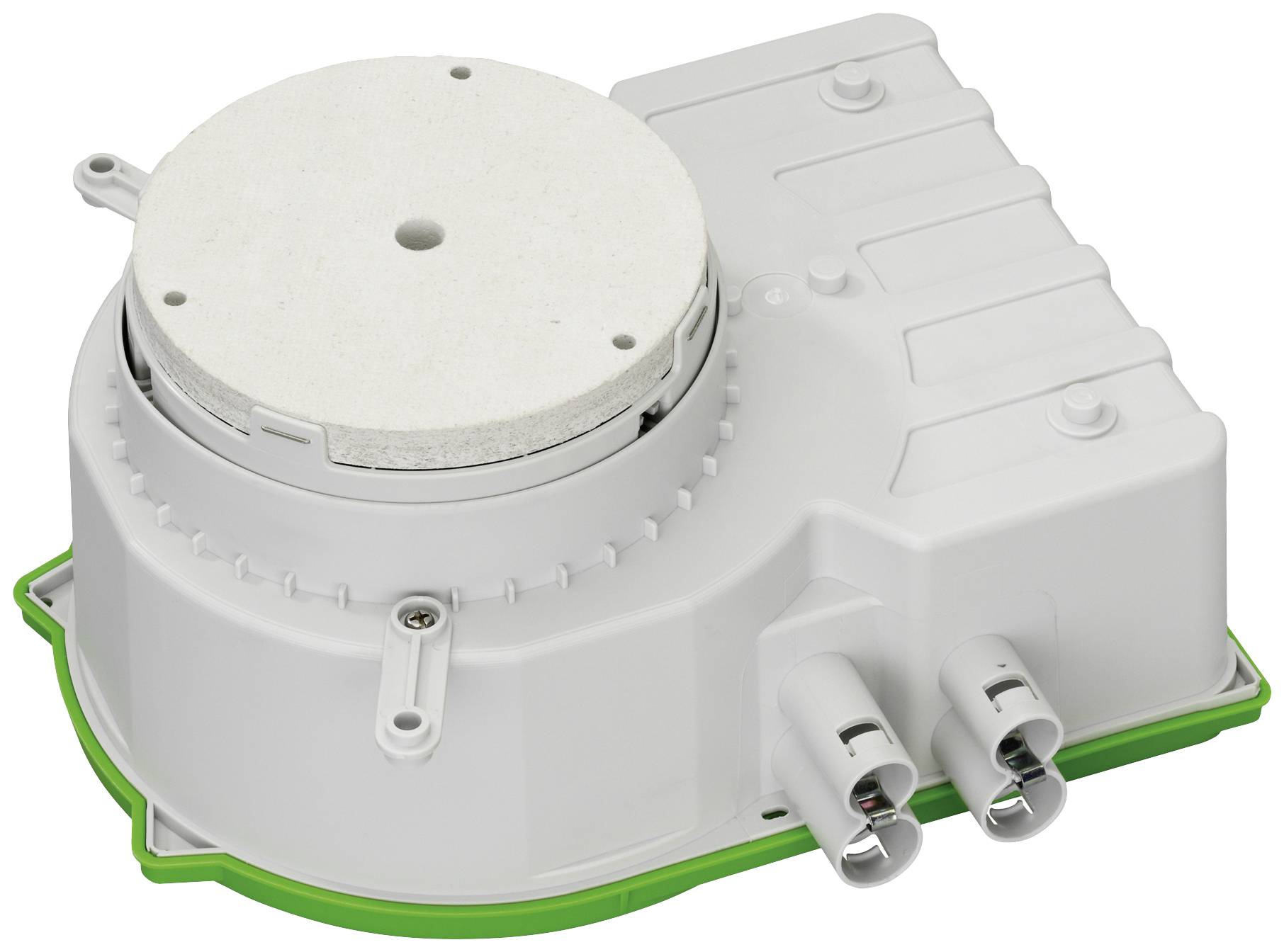 Ein Gehäuse für Waschmaschinen, in dem die Waschmotoreinheit integriert wird. Es ist weißgrau mit zwei Kabelanschlüssen.