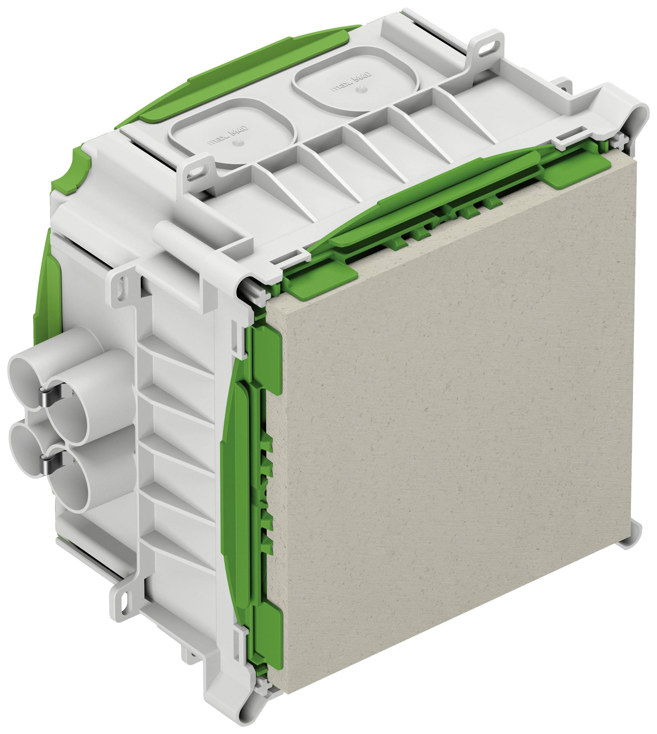 Eine rechteckige, grüne und graue Anschlussdose mit mehreren Kabelanschlüssen an der Seite.