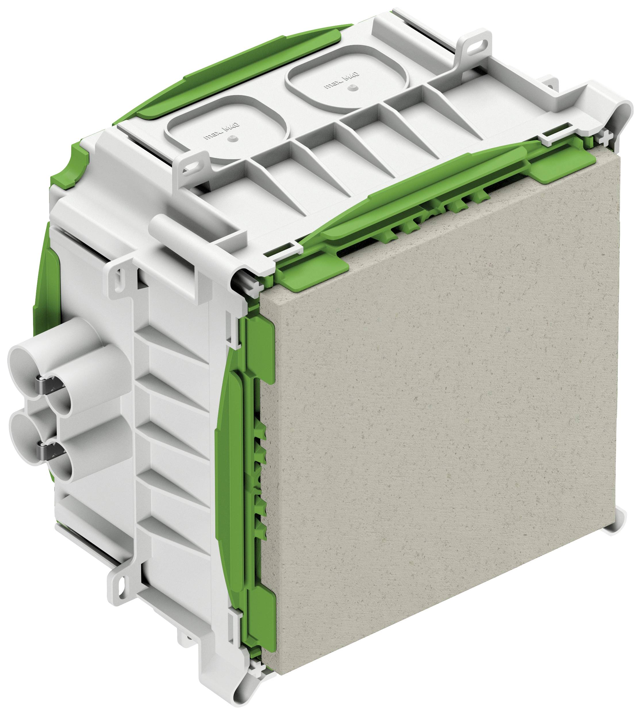 Ein rechteckiges elektrisches Bauteil mit weißen und grünen Elementen, mehreren Anschlüssen und steckbaren Verbindungen.