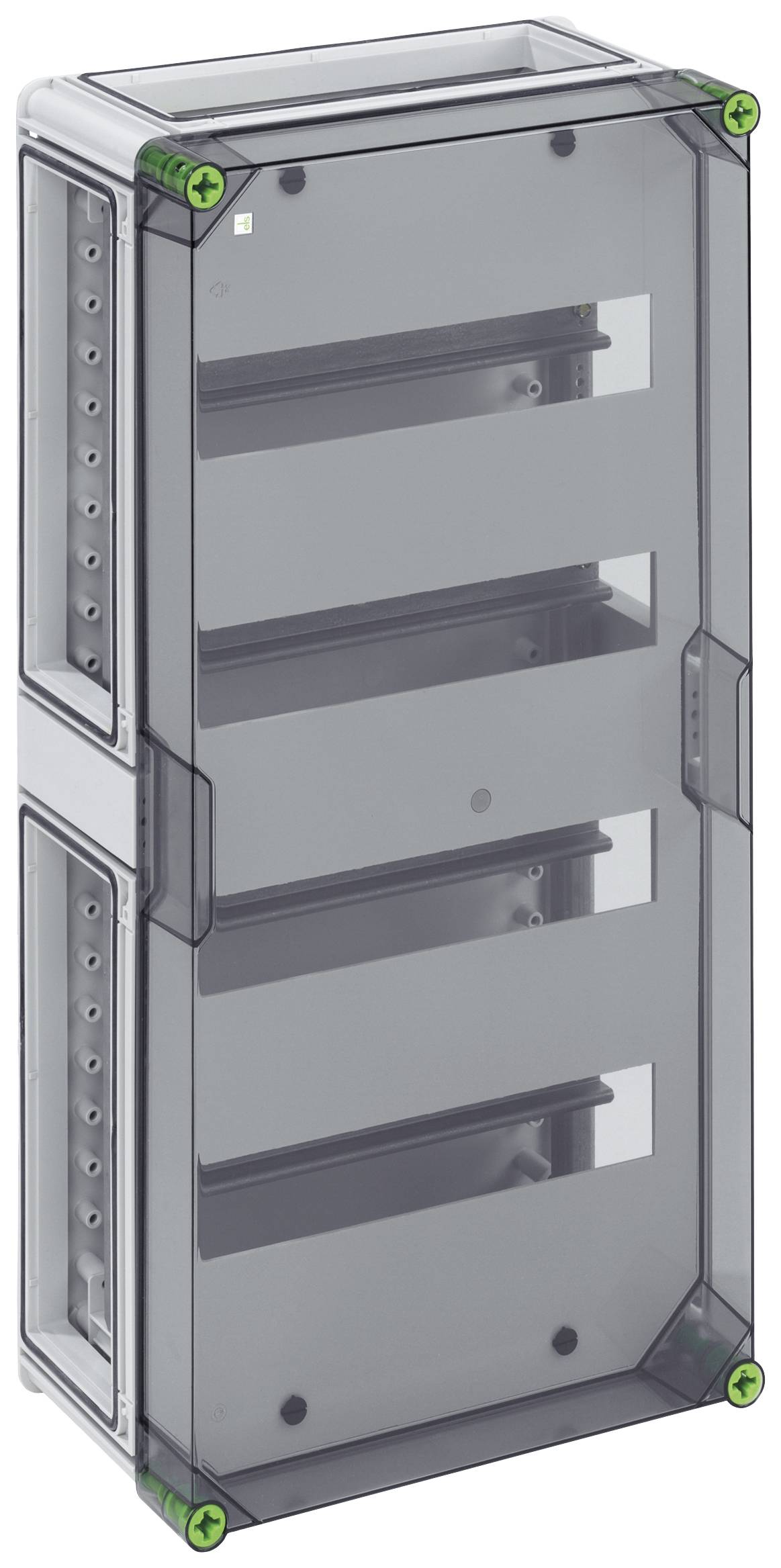 Graues, rechteckiges Gehäuse mit transparentem Frontdeckel und grünen Eckverbindungen, geeignet zur Aufbewahrung elektrischer Bauteile.