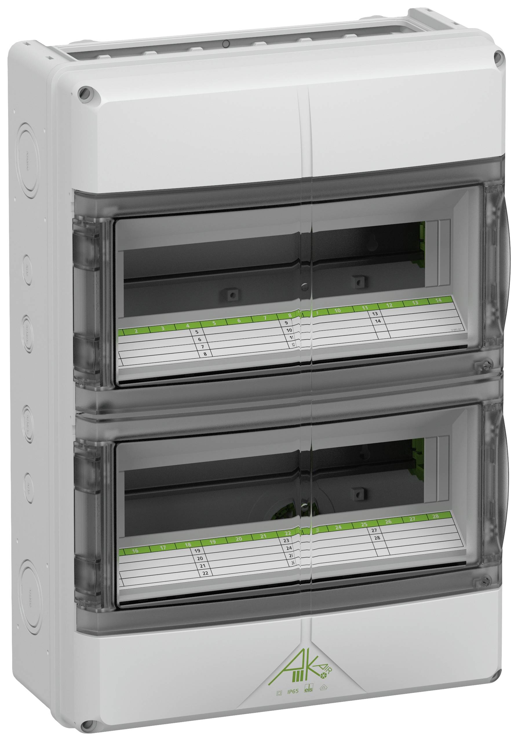 Zweistöckiger elektrischer Verteilerkasten mit klaren Abdeckungen, grünen Markierungen und zwei Reihen für Sicherungen oder Schaltgeräte.