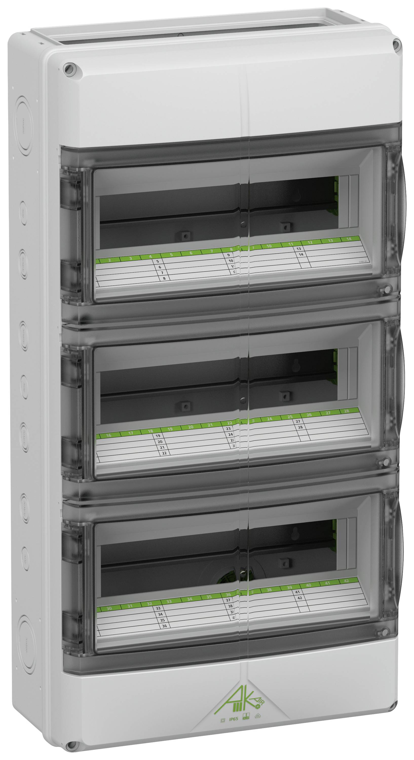 Ein dreireihiger Sicherungskasten mit transparenten Türen, geeignet für die Montage von elektrischen Sicherungen und Schaltern.