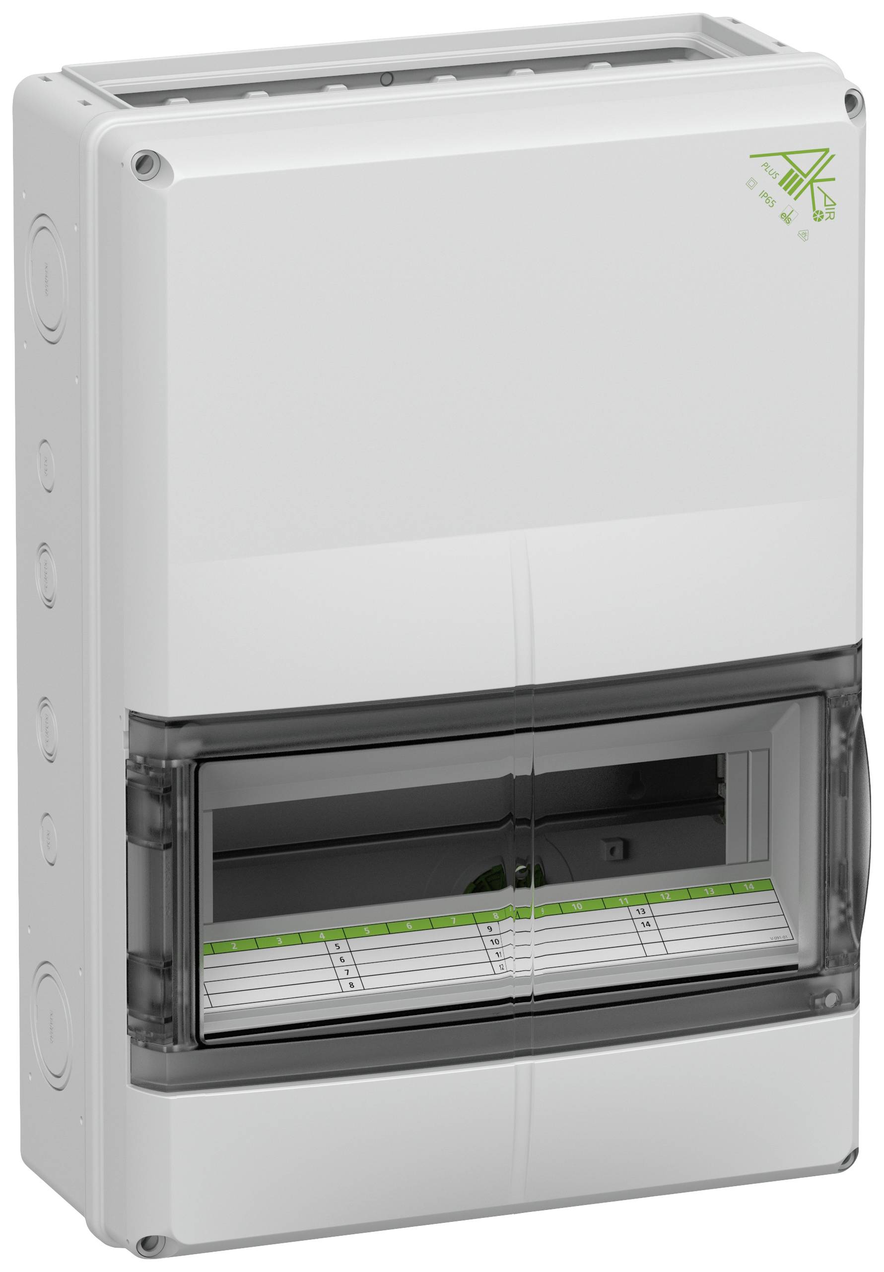 Kleiner, rechteckiger Verteilerkasten mit durchsichtiger Abdeckung und beschriftbarem Feld darunter. Geeignet für Elektroinstallationen.