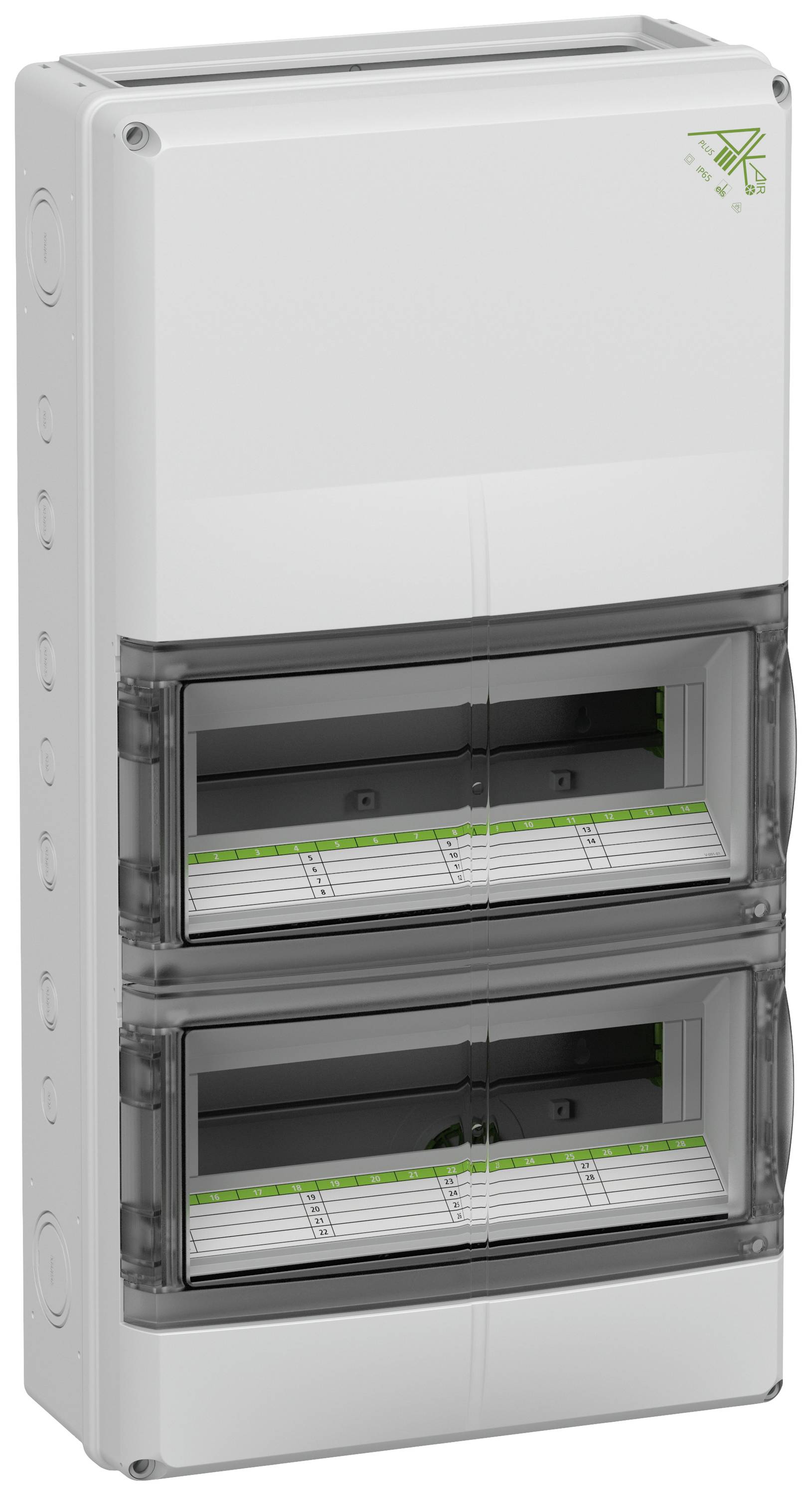 Elektrischer Verteilerkasten mit zwei transparenten Klappfenstern. Im Inneren befinden sich Trägerleisten für elektrische Komponenten.