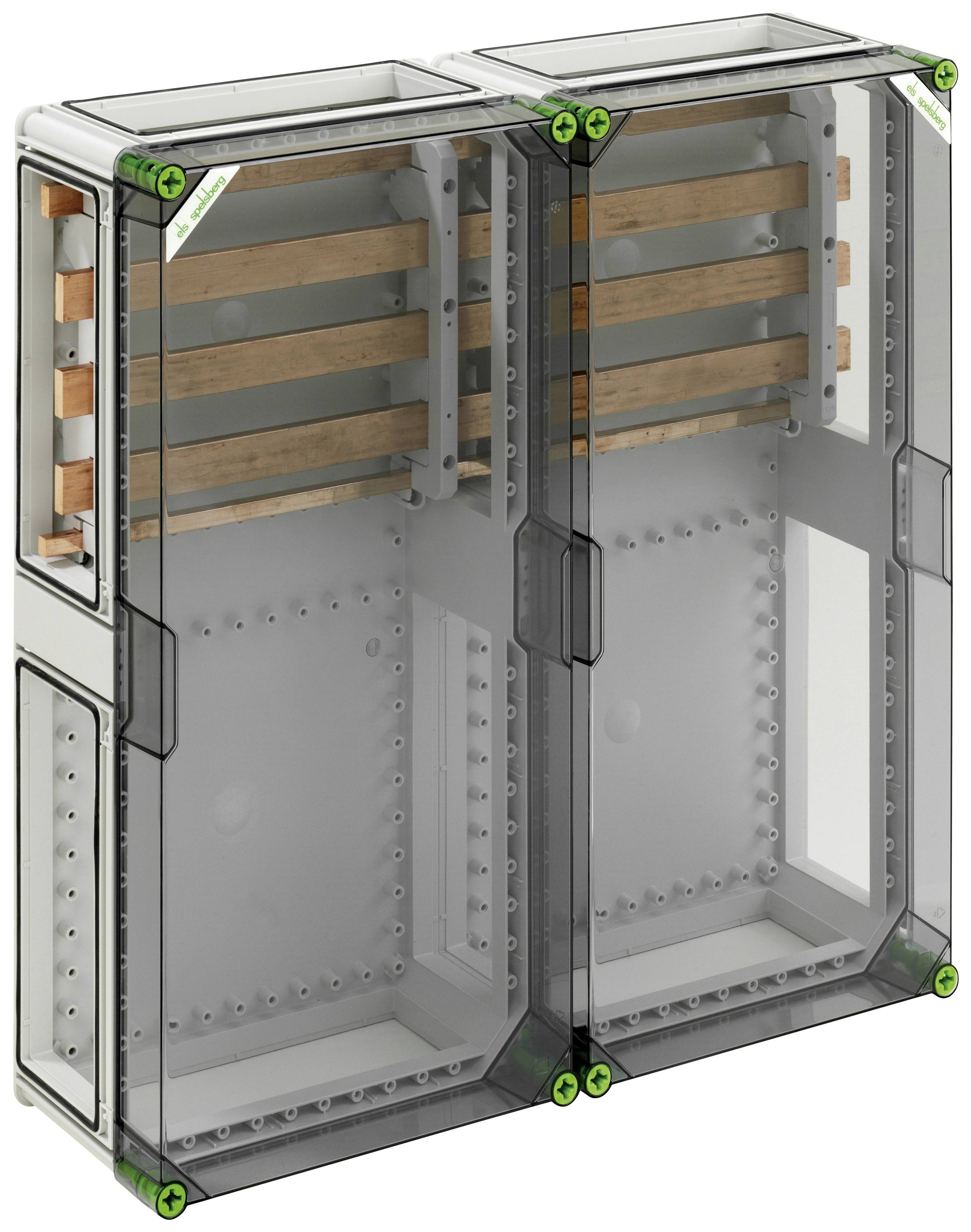 Ein doppeltüriger, transparenter Schaltschrank mit grünen Schrauben und Holzelementen im Inneren, geeignet für industrielle Anwendungen.
