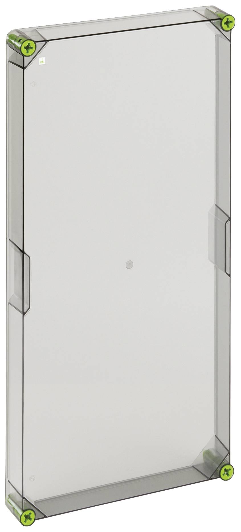 Rechteckige, transparente Kunststoffabdeckung mit grün-markierten Ecken. Geeignet für Schutzrahmen oder Gehäuseabdeckungen.