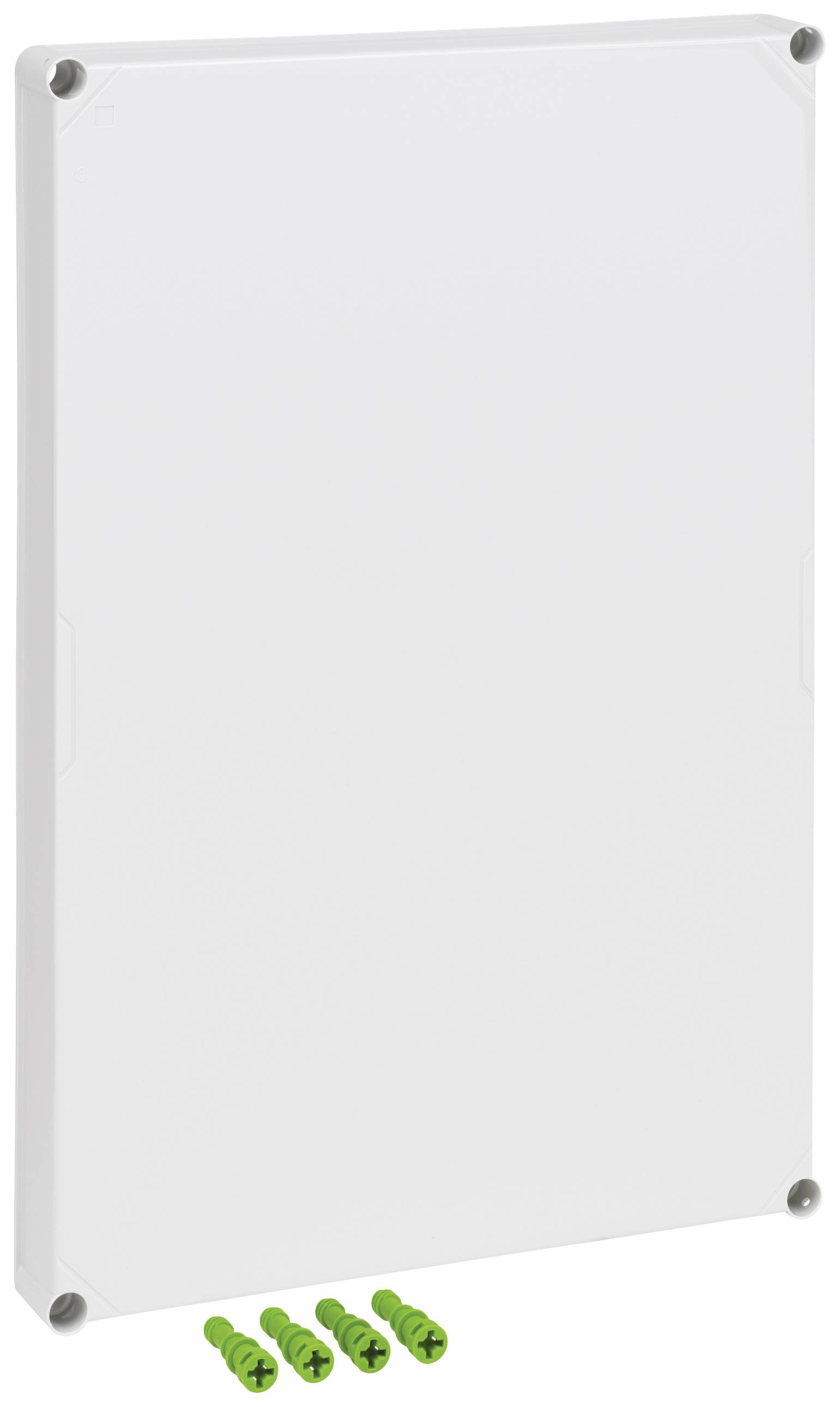 Ein rechteckiges, weißes Gehäuse mit vier grünen Dübeln unten. Es ist für die Wandmontage vorgesehen.