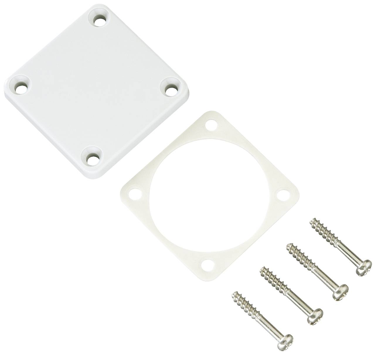 Ein quadratischer, weißer Abdeckrahmen mit vier Schraubenlöchern, ein passendes Dichtungsstück und vier silberne Schrauben.