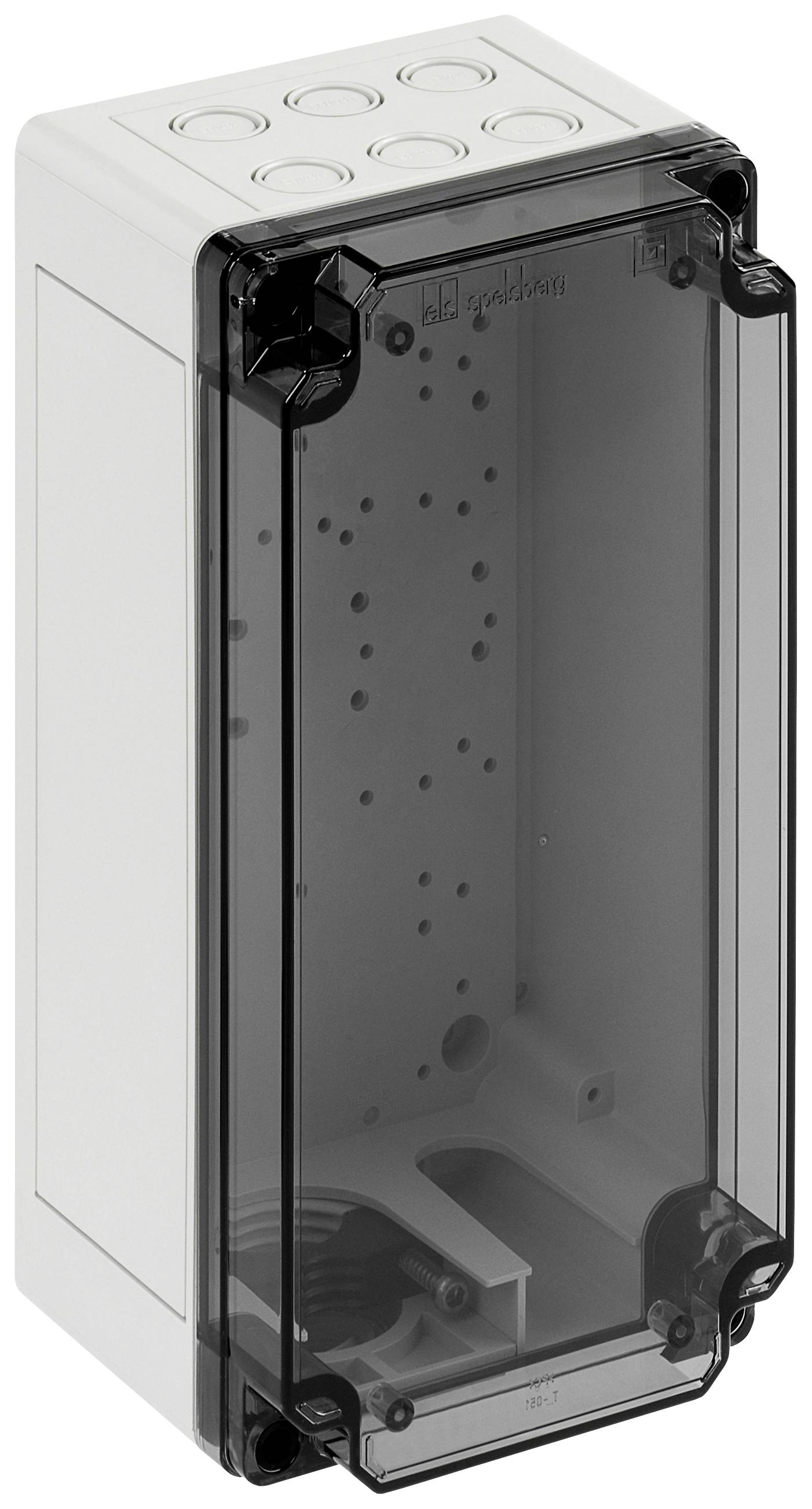 Ein rechteckiges, graues Kunststoffgehäuse mit transparentem Deckel. Es enthält Bohrungen zur Befestigung und mehrere kreisförmige Öffnungen oben.