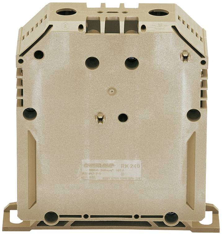 Ein braun-beiges elektrisches Gehäuse mit mehreren Öffnungen und einem Aufkleber mit technischen Spezifikationen in der Mitte.