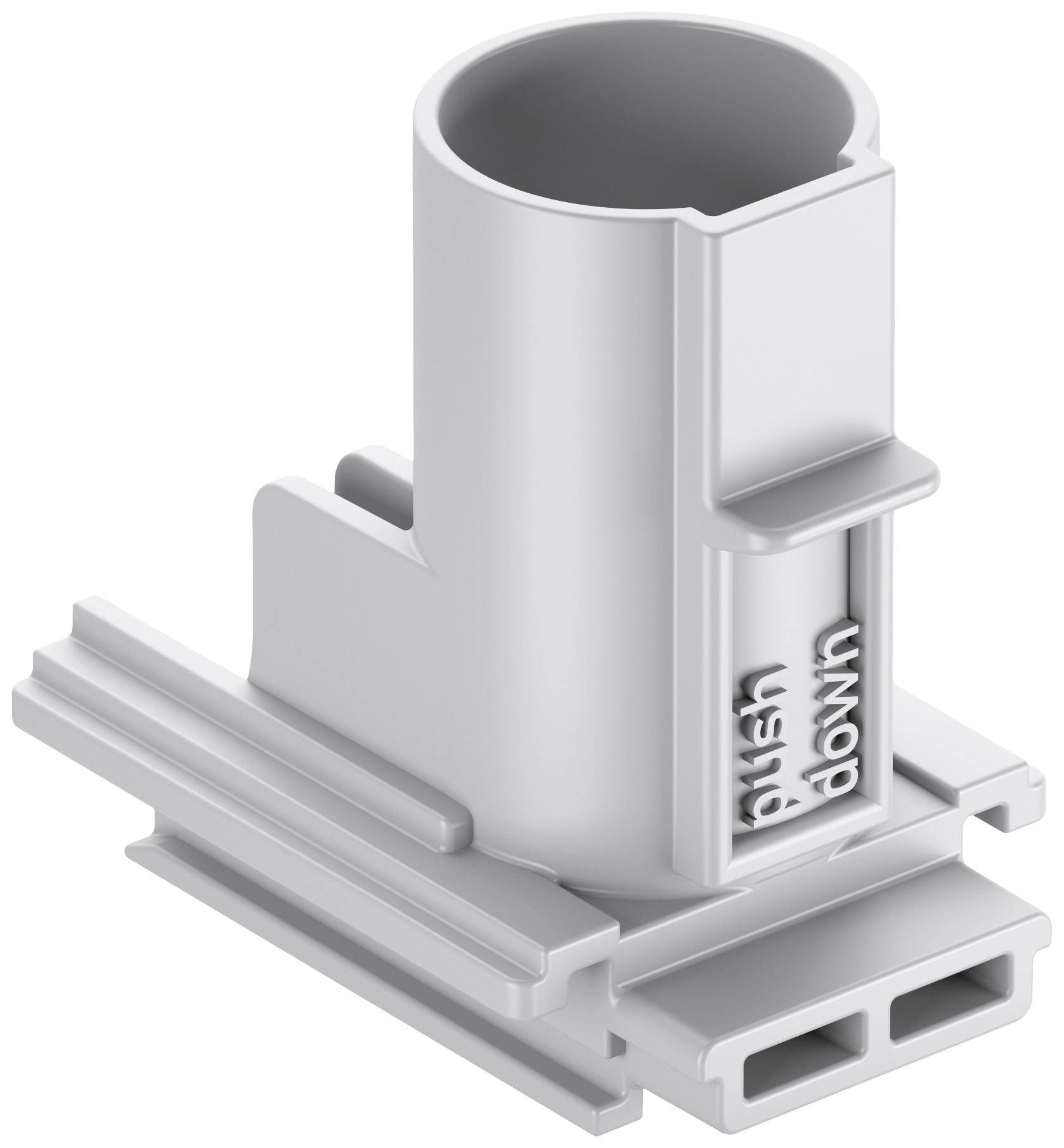 Ein weißer Kunststoff-Stecker mit der Aufschrift 'push down' an der Seite. Er hat mehrere Steckverbindungen am unteren Teil.