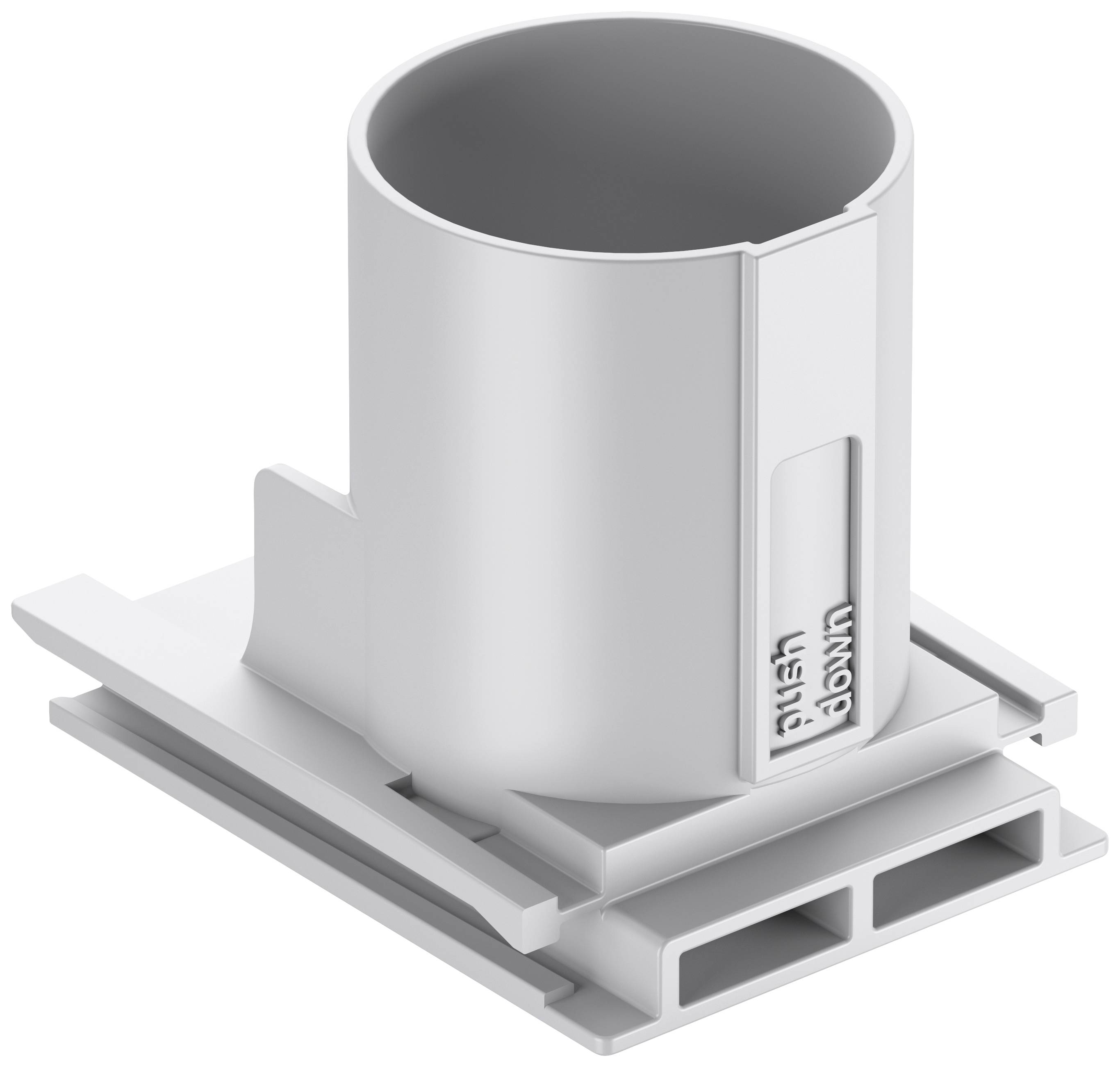 Ein weißer zylindrischer Adapter mit rechteckiger Basis, enthält die Aufschrift 'blind plug', vermutlich technisches Zubehör.