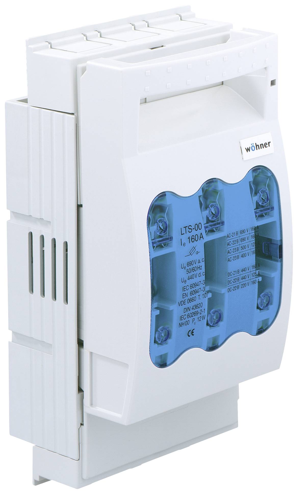 Ein weißer Sicherungsschalter mit blauem, transparentem Einsatz und der Markierung 'Wöhner', geeignet für bis zu 160 A.