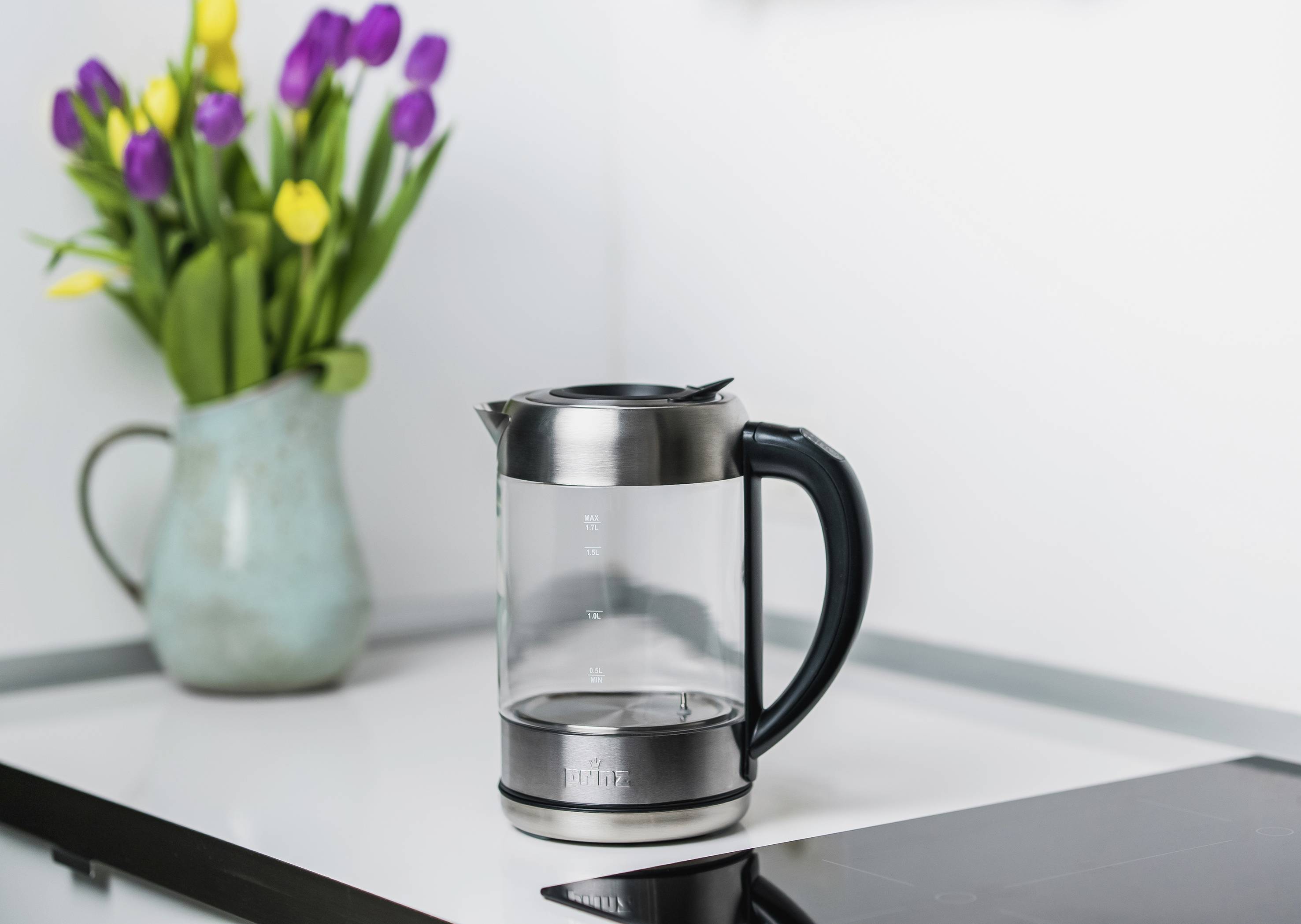 Prinz PZ-GWK1 Wasserkocher schnurlos, Überhitzungsschutz Glas, Edelstahl