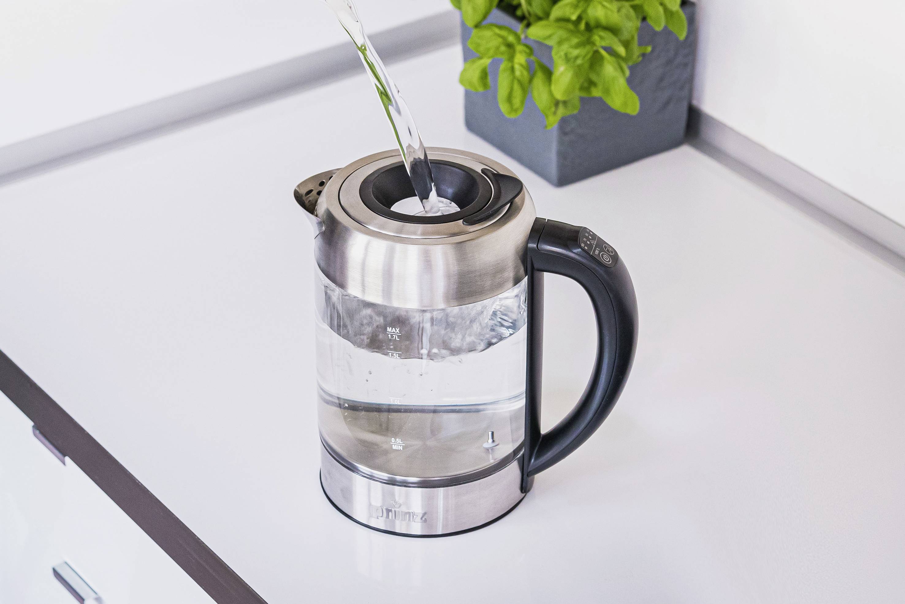 Prinz PZ-GWK1 Wasserkocher schnurlos, Überhitzungsschutz Glas, Edelstahl