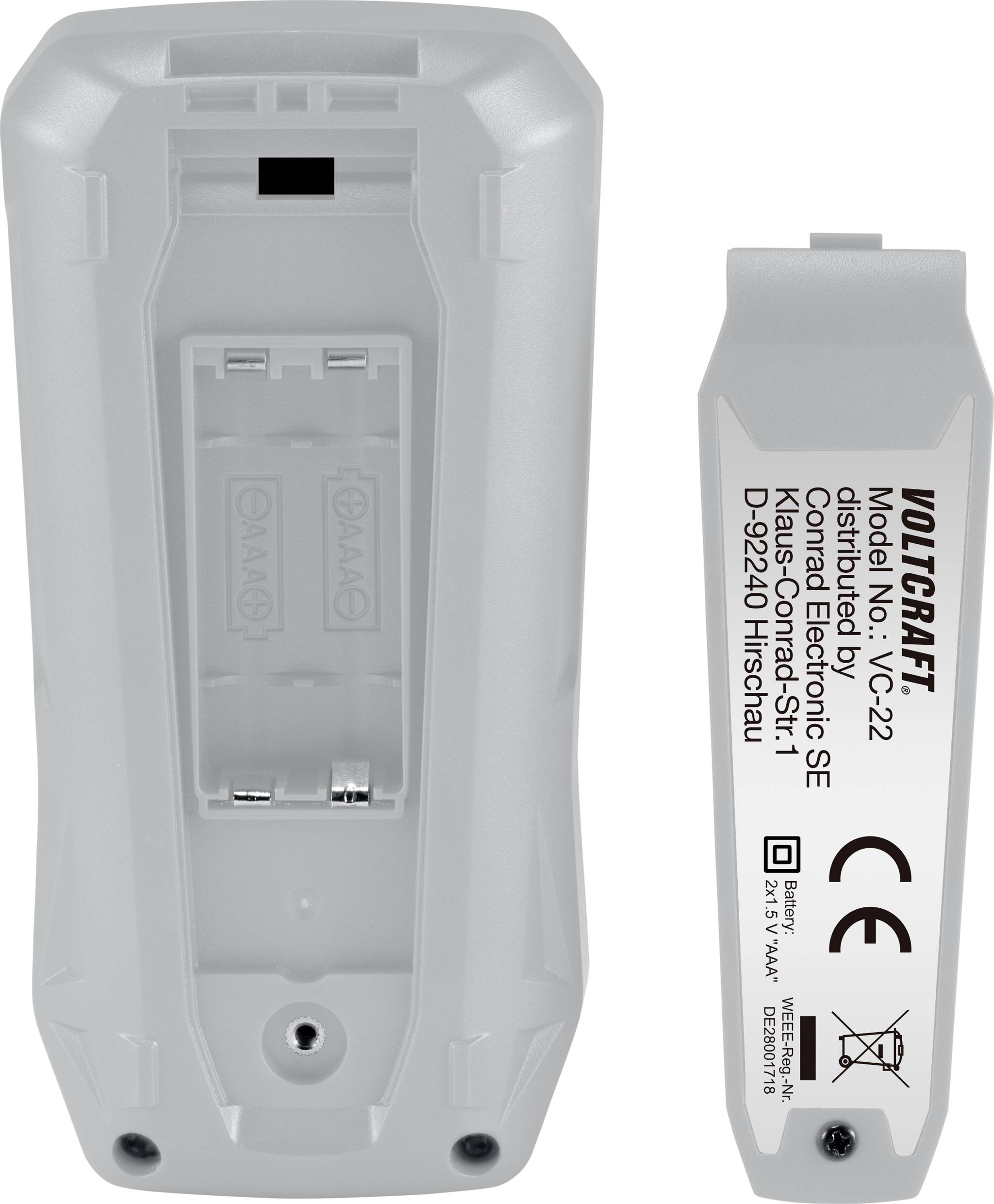 Weißes, batterieloses Endoskopgerät von Voltcraft, Modell VC-22, mit CE-Zeichen. Rückseite zeigt Batteriefach und Produktinformationen.