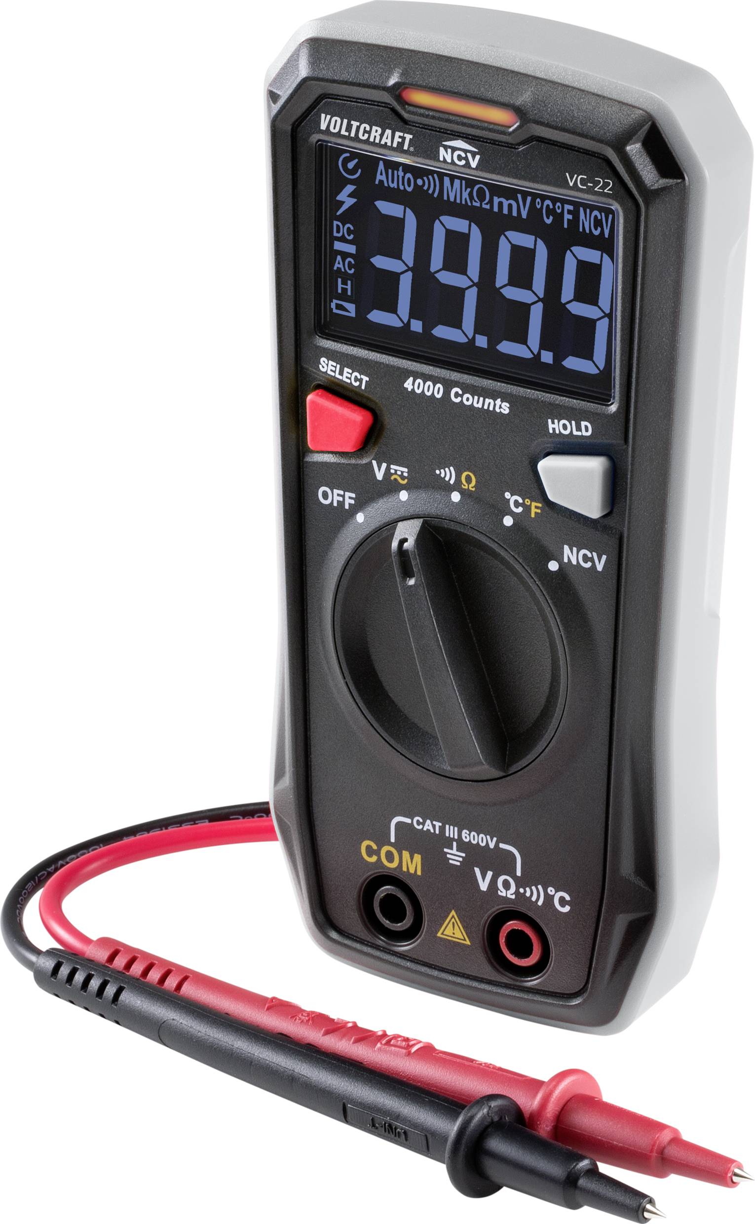Digitales Multimeter mit Anzeigen für Spannungs- und Widerstandsmessung. Schwarze und rote Messkabel sind angeschlossen.