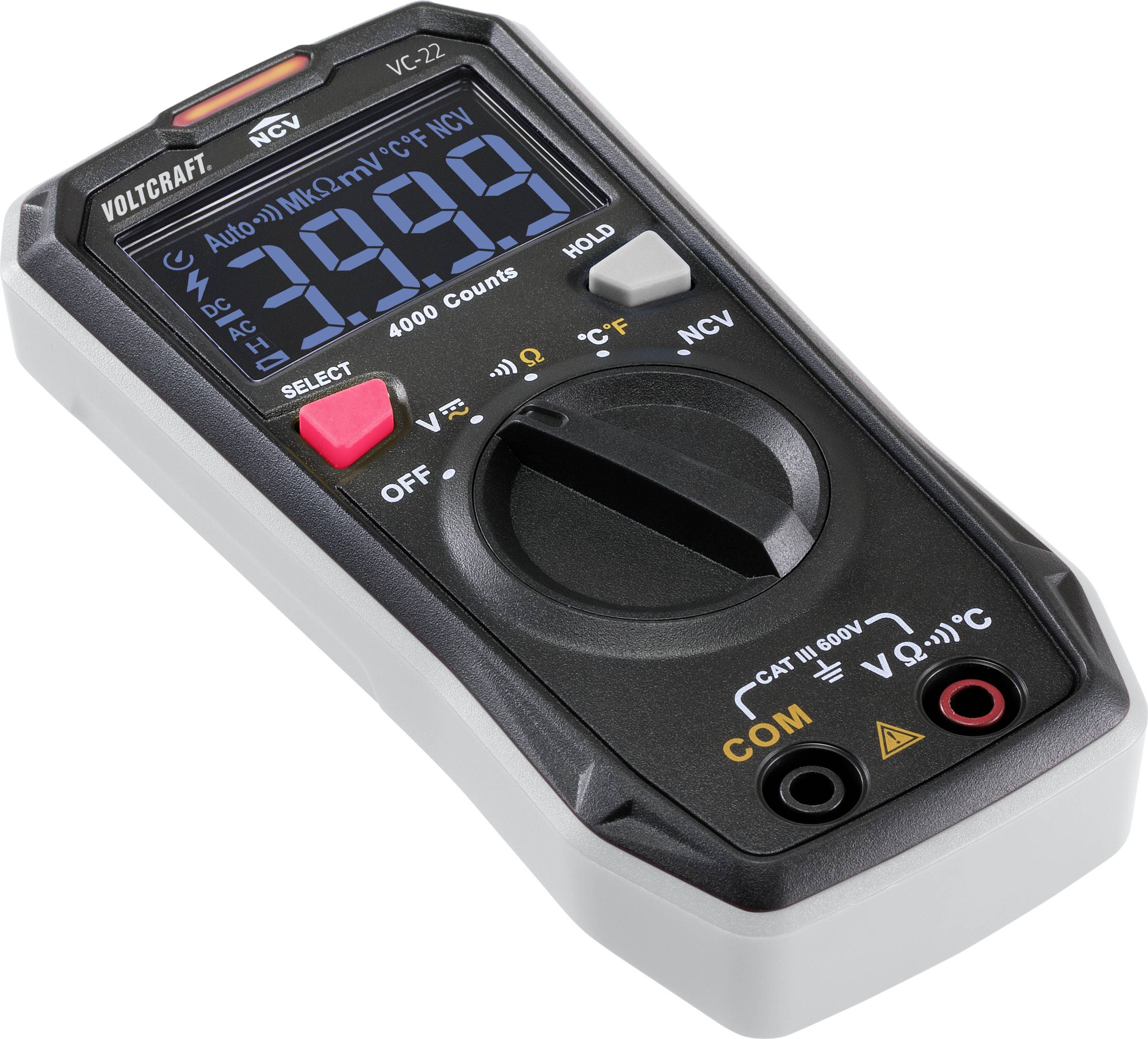 Digitales Multimeter mit Hintergrundbeleuchtung. Display zeigt '3999' an. Funktionen: Spannung, Strom, Widerstandsmessung.