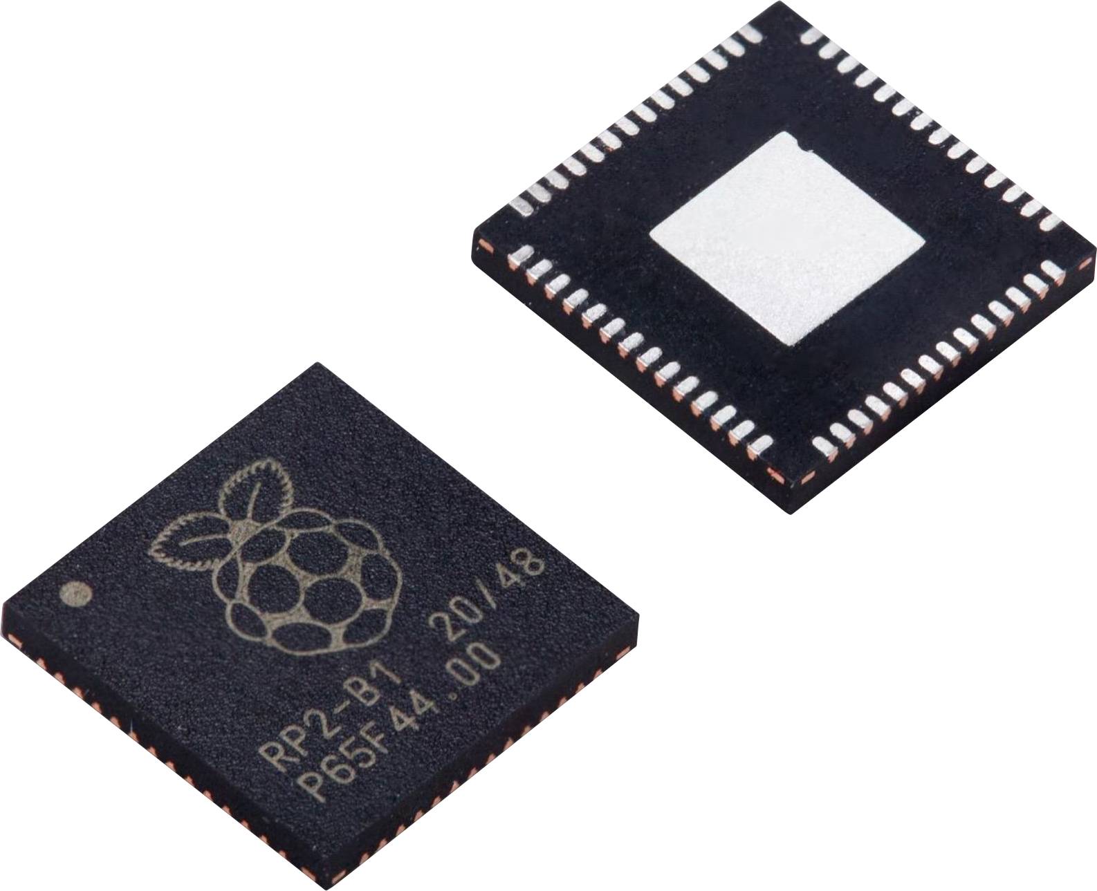 Zwei schwarze Mikrochip-Module mit vielen Anschlüssen. Einer zeigt ein Himbeer-Symbol und die Aufschrift 'RP2-B1 20/48 P65F4A.00'.