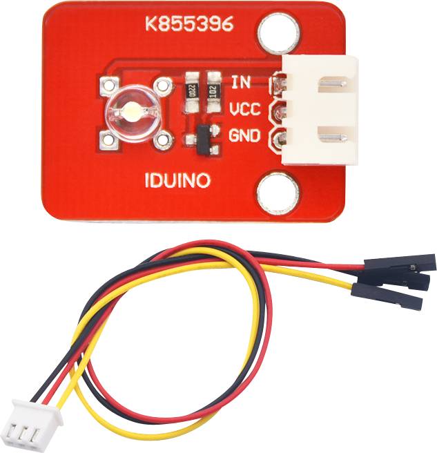 Elektronikmodul 'K855396' mit Sensor und Anschluss für Kabel. Rotes PCB. Kabel mit rot, gelb, schwarz für Strom und Datenübertragung.