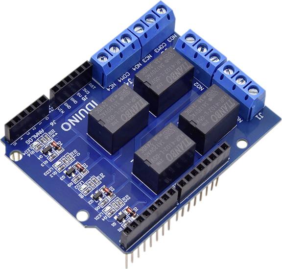 Ein blaues Arduino-Relais-Modul mit vier Relais, blauen Anschlussklemmen und Pins für die Verbindung mit anderen elektronischen Geräten.