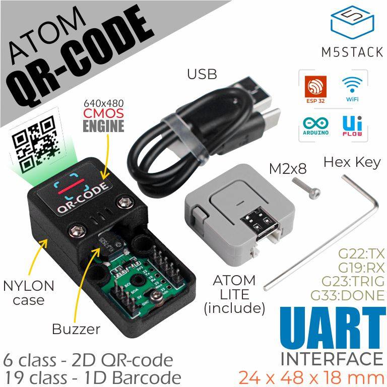 QR-Code Scanner mit CMOS Engine, USB-Kabel, ATOM Lite, Sechskantschlüssel. Unterstützt UART. Maße 24x48x18 mm. Klasse 6, 2D.