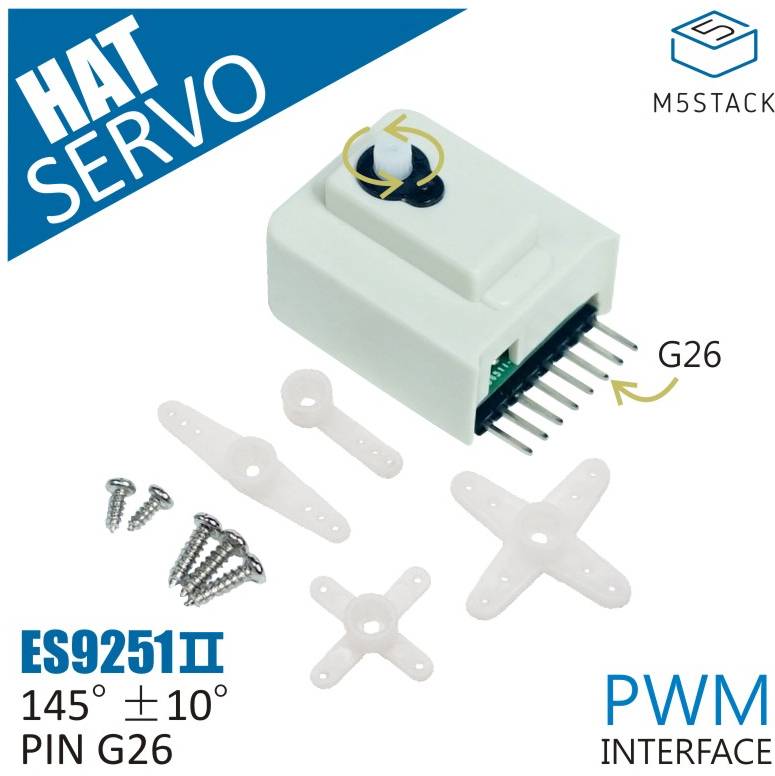 Ein HAT Servo ES9251II mit PWM-Schnittstelle. Beinhaltet Montagematerial und bietet eine Rotation von 145° ±10°. Anschluss: PIN G26.