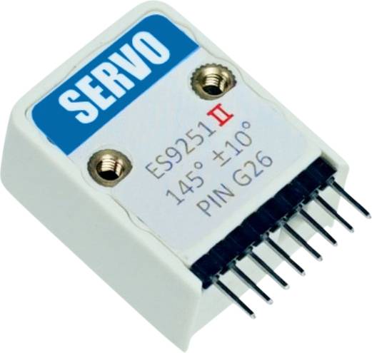 Ein kleiner, weißer Servomotor mit blauer Beschriftung 'SERVO'. Aufschrift darunter: 'ES9251 II, 145° ±10°, PIN G26'.