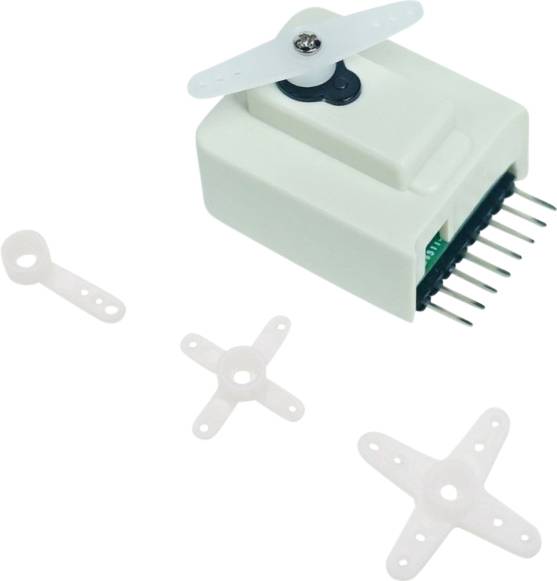 Ein weißer Getriebemotor mit Kunststoffzahnrädern und Metallstiften ist abgebildet, begleitet von drei verschiedenen Aufsätzen.