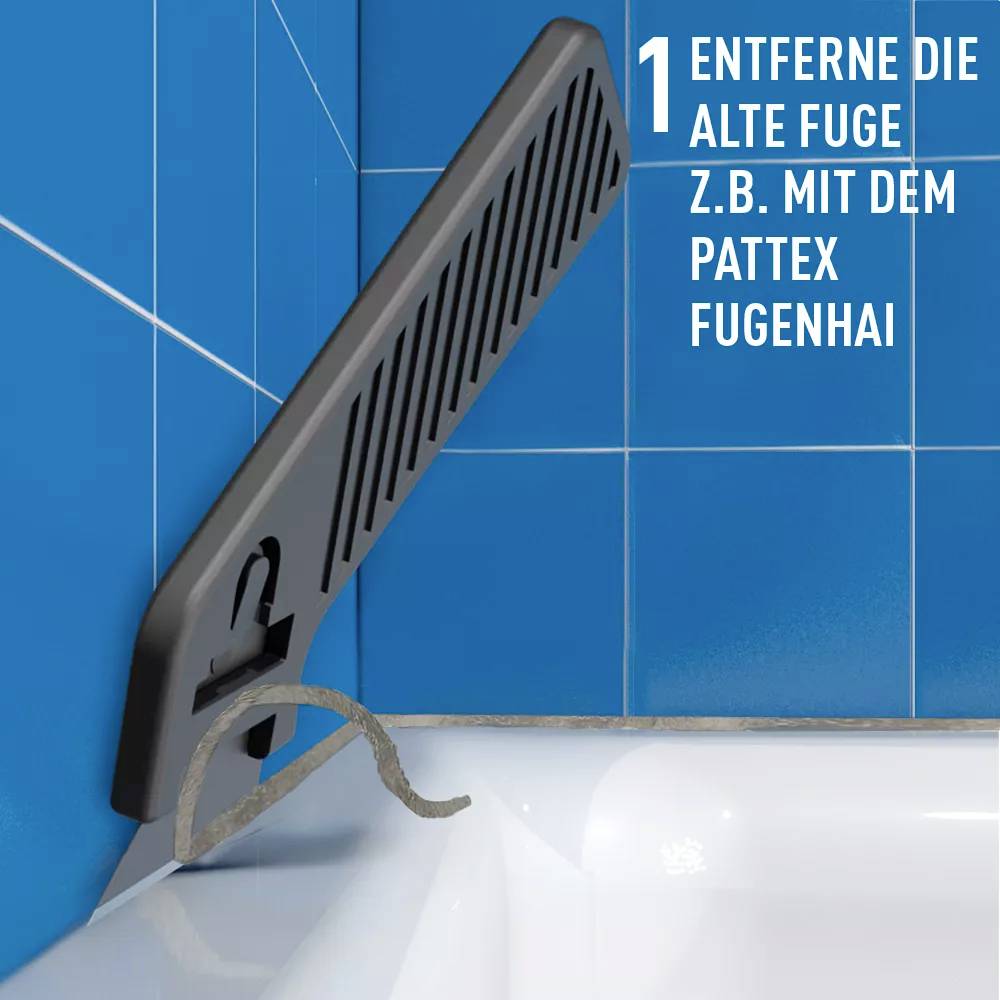 Ein neuer Fugenkratzer entfernt alte Fugen in blauer Fliesenumgebung. Text: '1. Entferne die alte Fuge z.B. mit dem Pattex Fugenhai.'