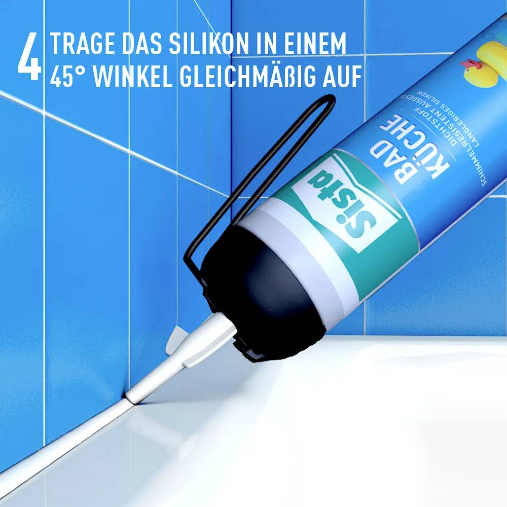 Eine Hand trägt Silikon aus einer Kartusche in einem 45-Grad-Winkel auf eine Fliesenfuge auf. Text: 'Trage das Silikon gleichmäßig auf'.