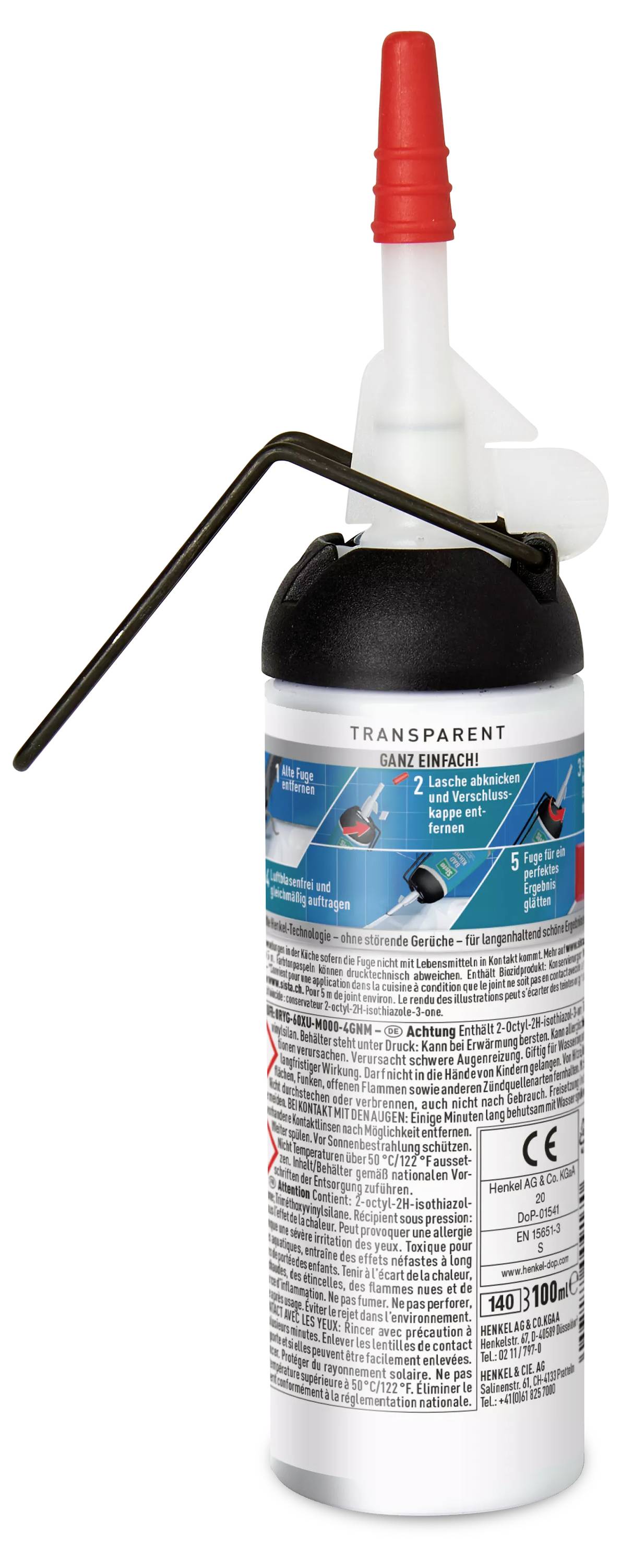 Eine Flasche mit transparentem Kleber und einer roten Spitze. Auf der Verpackung sind Anweisungen zur Anwendung und Sicherheitsinformationen abgedruckt.