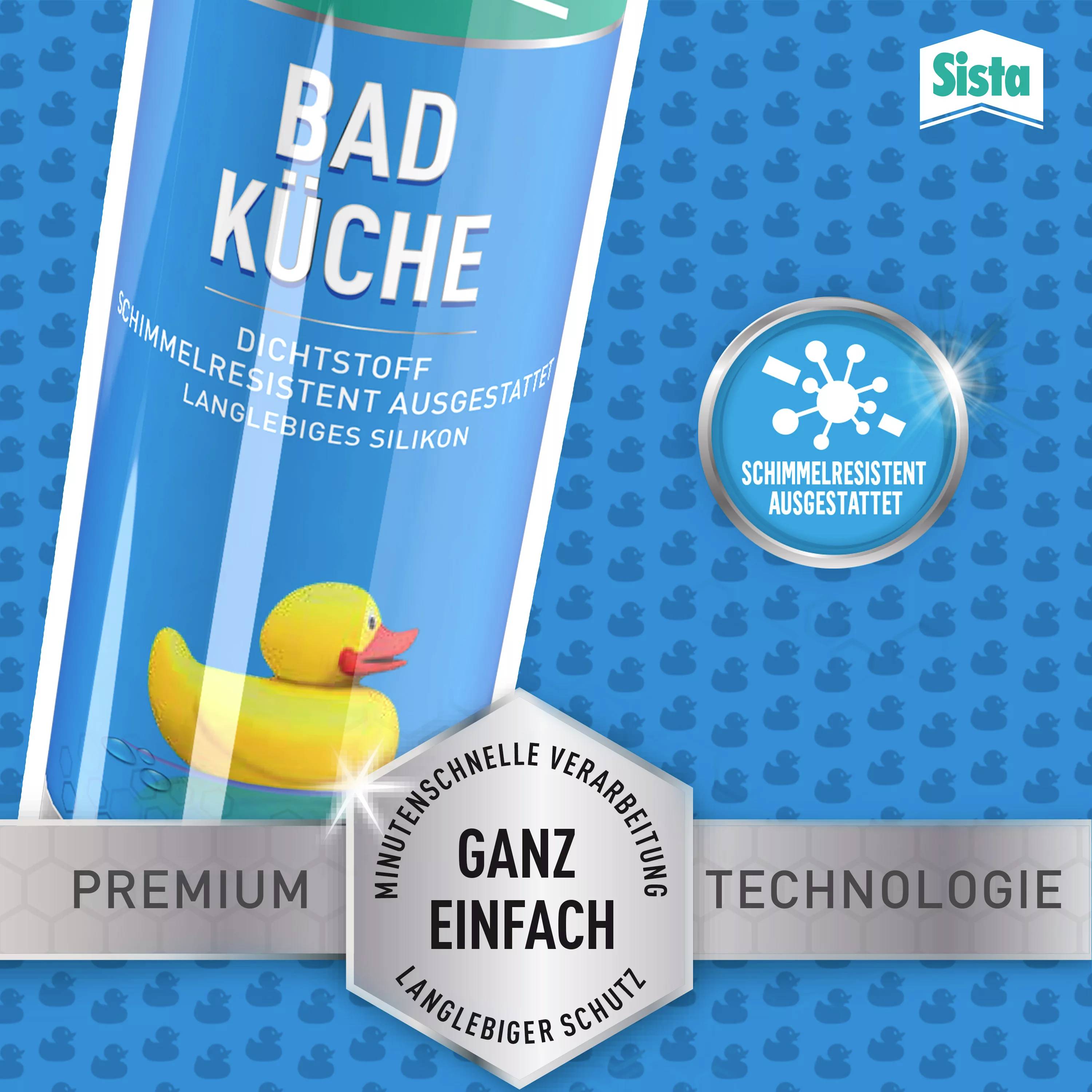 Eine blau-weiße Tube mit der Aufschrift 'Bad Küche', daneben ein gelbes Gummientchen. Text unten: 'Langlebiger Schutz, premium Technologie'.
