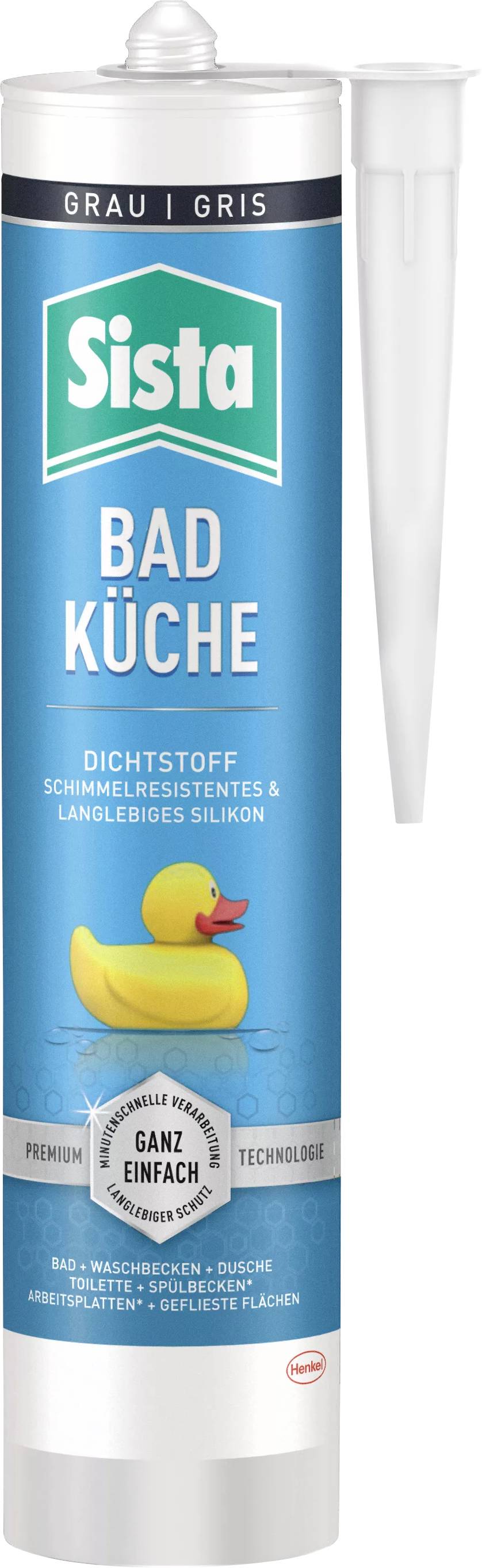 Eine blaue Kartusche mit Dichtstoff. Beschriftet mit 'BAD KÜCHE', zeigt ein gelbes Gummientenbild. Beiliegende weiße Düse.