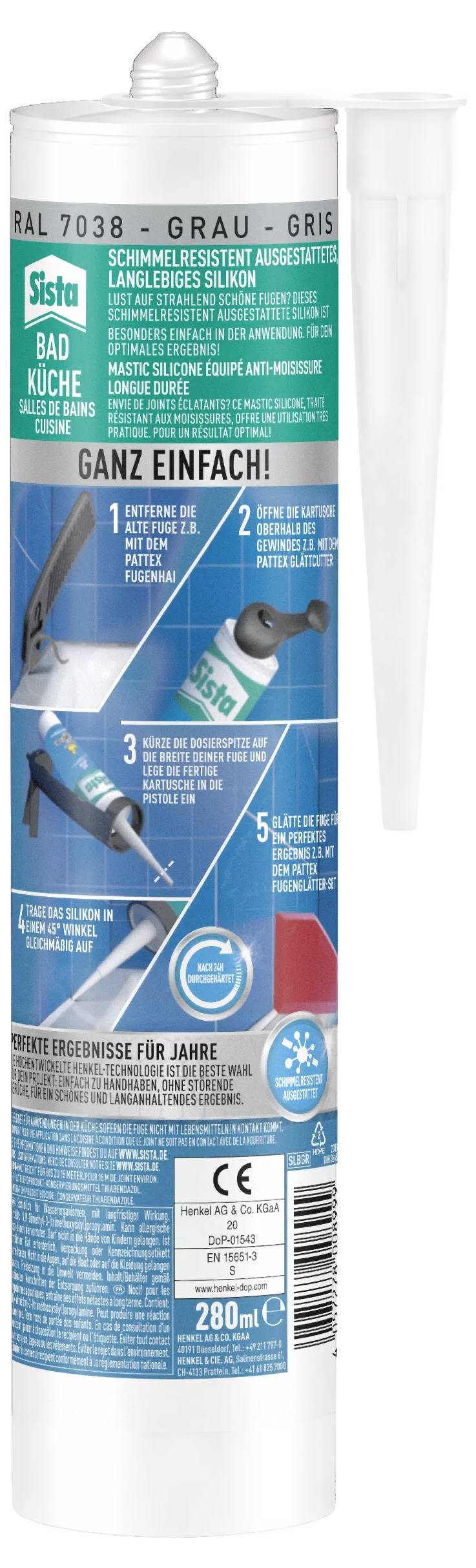 Kartusche mit Dichtungssilikon für Bad und Küche. Anleitung zeigt Schritte zum Öffnen, Auftragen und Schließen. 280 ml Inhalt.